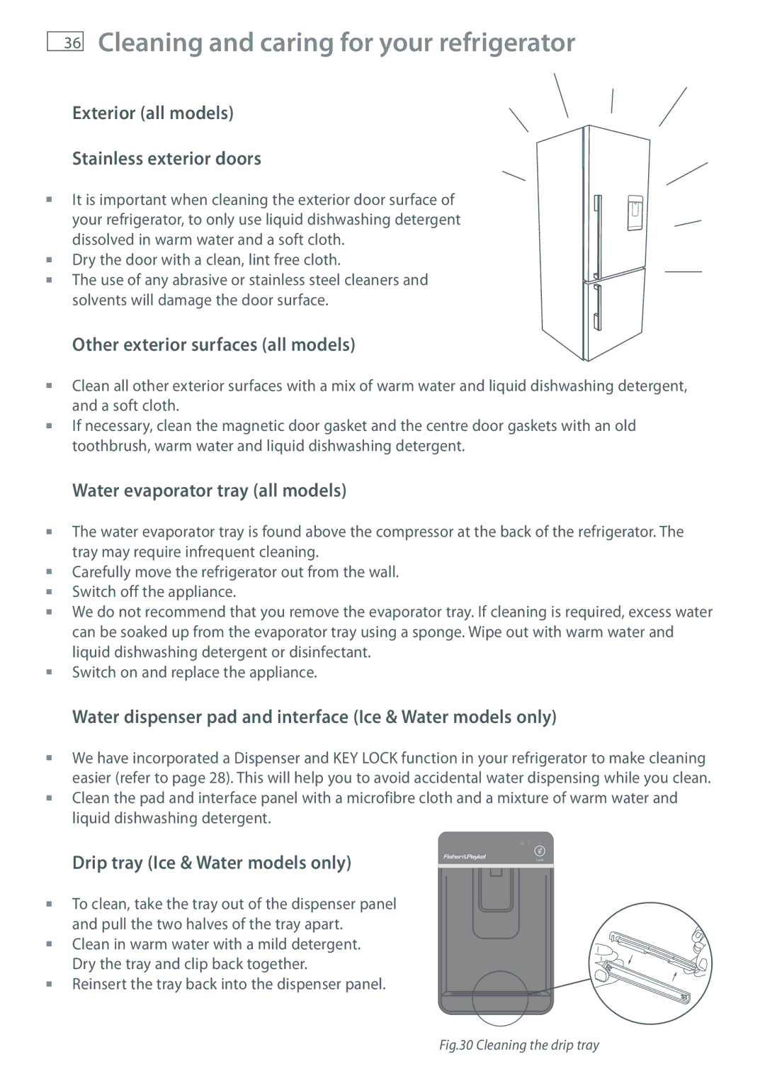 Fisher & Paykel RF522W, RF522A Cleaning and caring for your refrigerator, Exterior all models Stainless exterior doors 