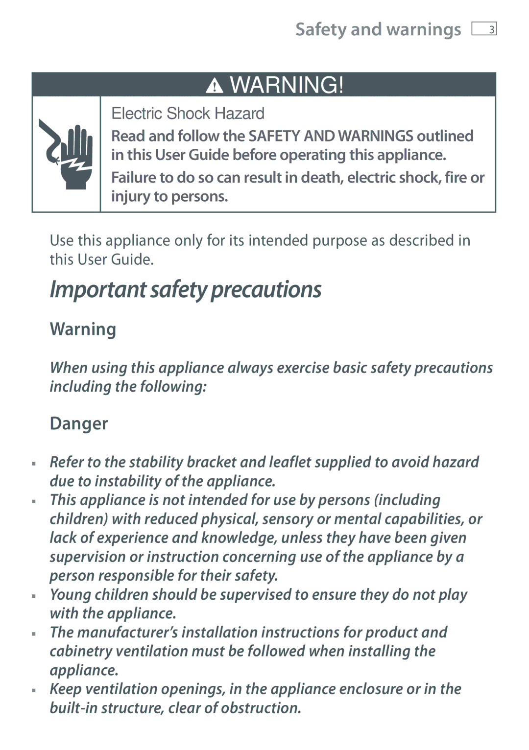 Fisher & Paykel RF610A, RF522A, RF522W, RF540A installation instructions Safety and warnings, Electric Shock Hazard 