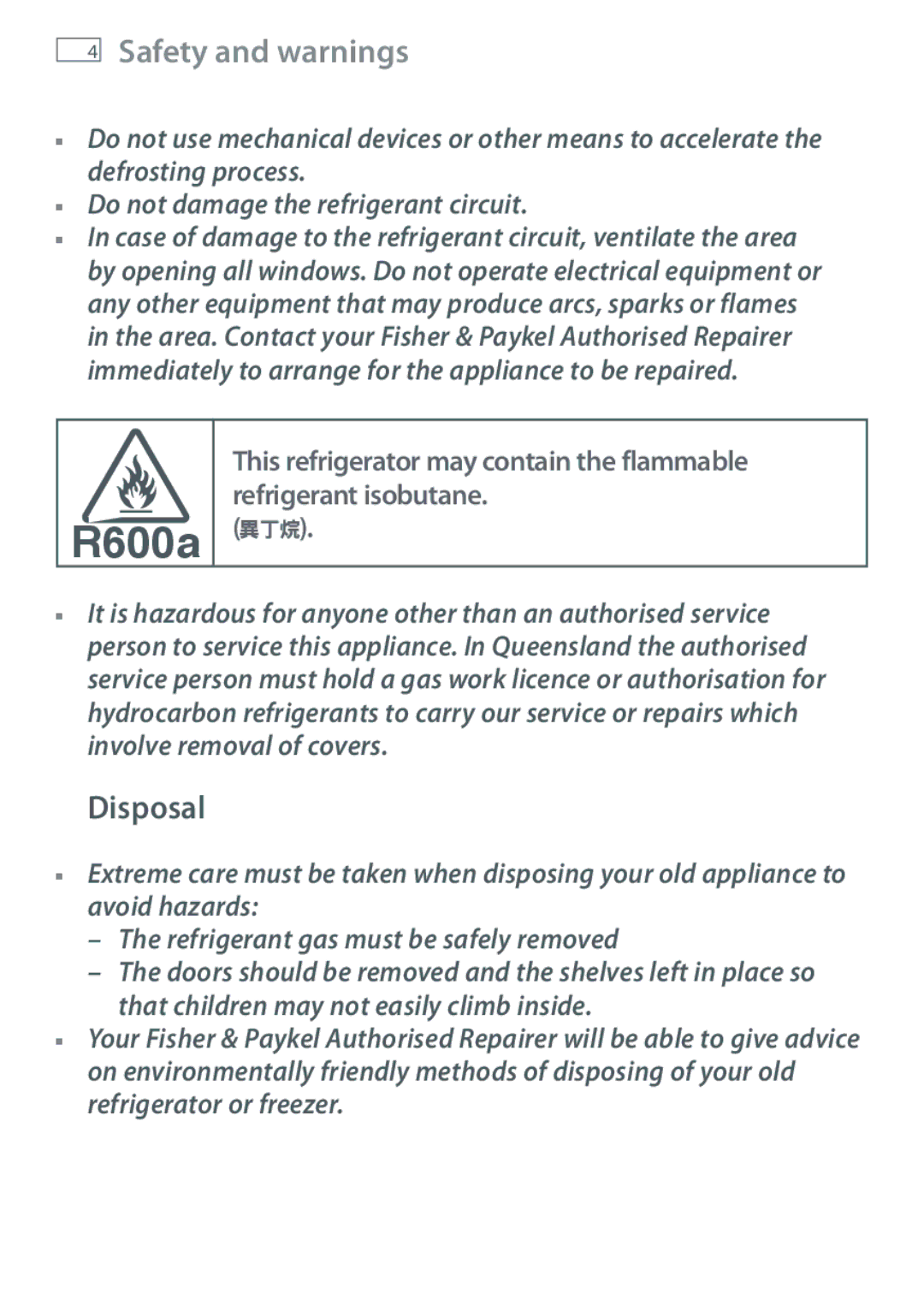 Fisher & Paykel RF522W, RF522A, RF610A, RF540A installation instructions R600a 