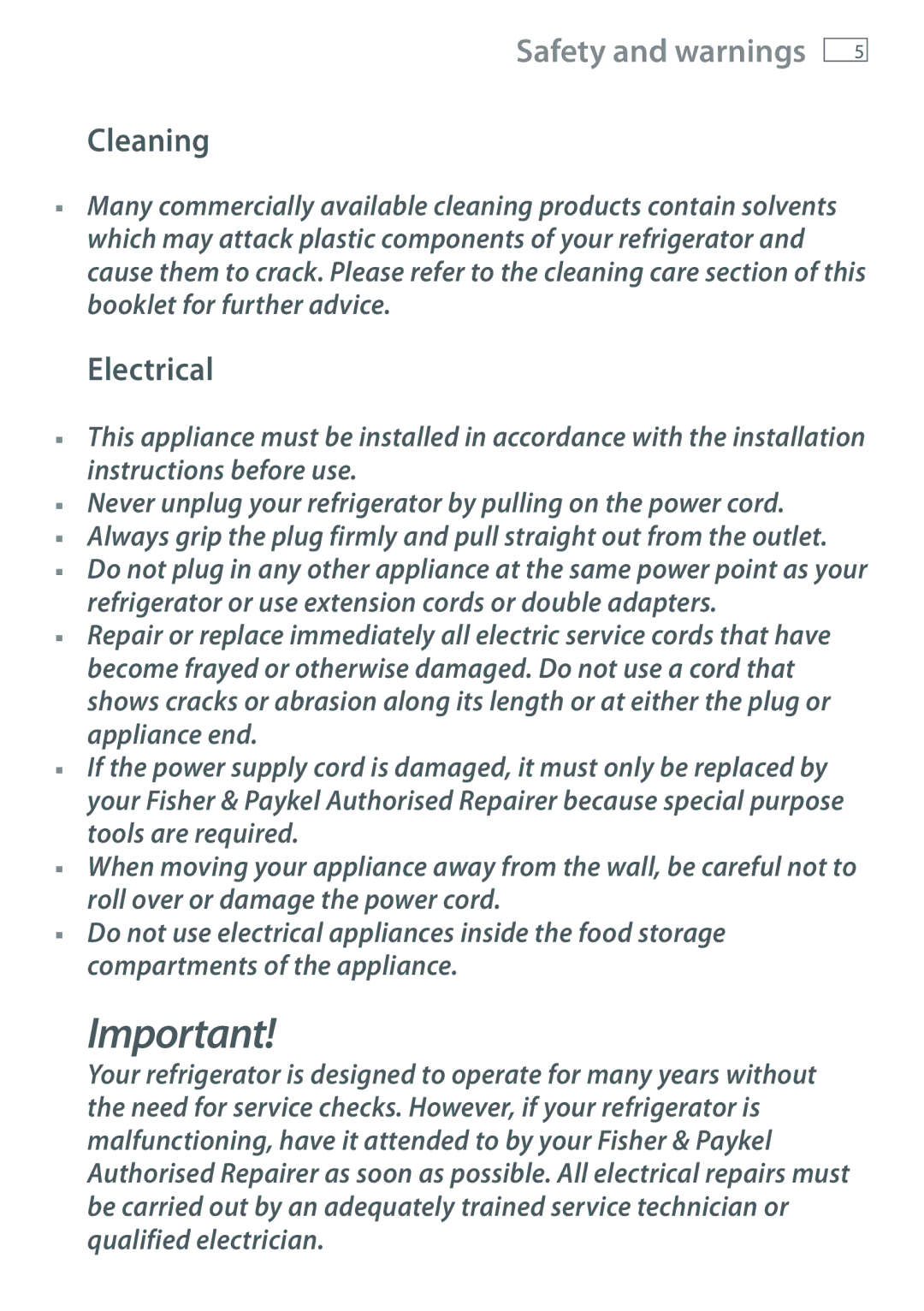 Fisher & Paykel RF540A, RF522A, RF610A, RF522W installation instructions Cleaning 