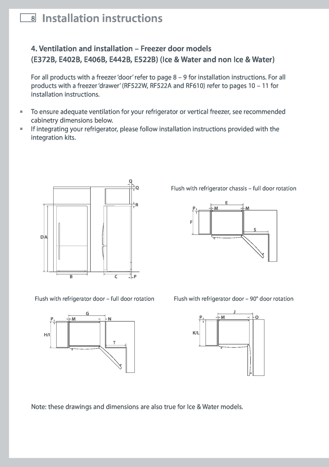 Fisher & Paykel RF522W, RF522A, RF610A, RF540A Installation instructions, Ventilation and installation - Freezer door models 