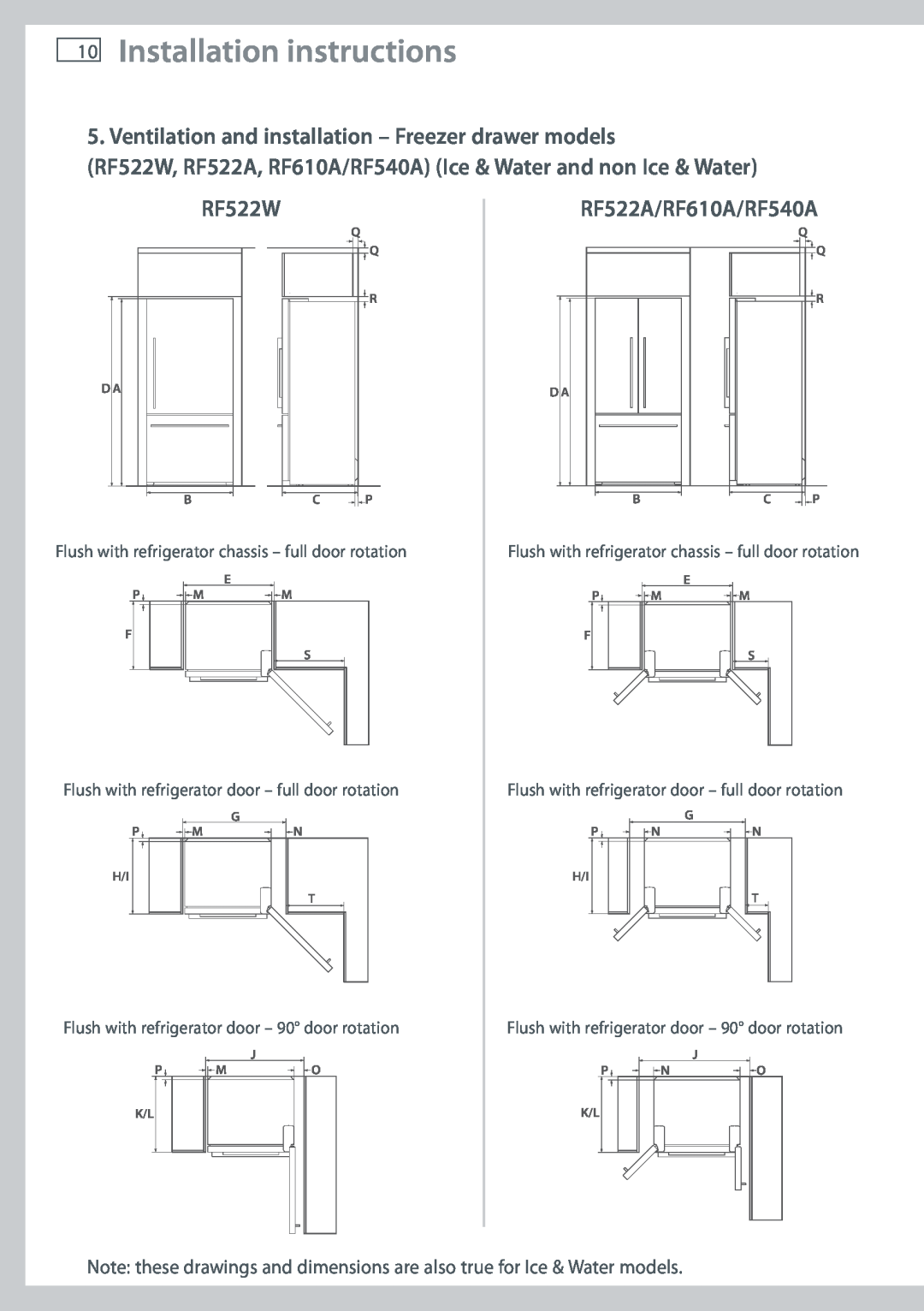 Fisher & Paykel RF522A, RF610A Installation instructions, Ventilation and installation - Freezer drawer models, RF522W 