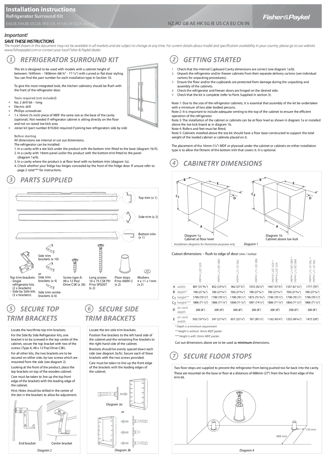 Fisher & Paykel RF540 installation instructions Refrigerator Surround Kit, Parts supplied Getting Started 