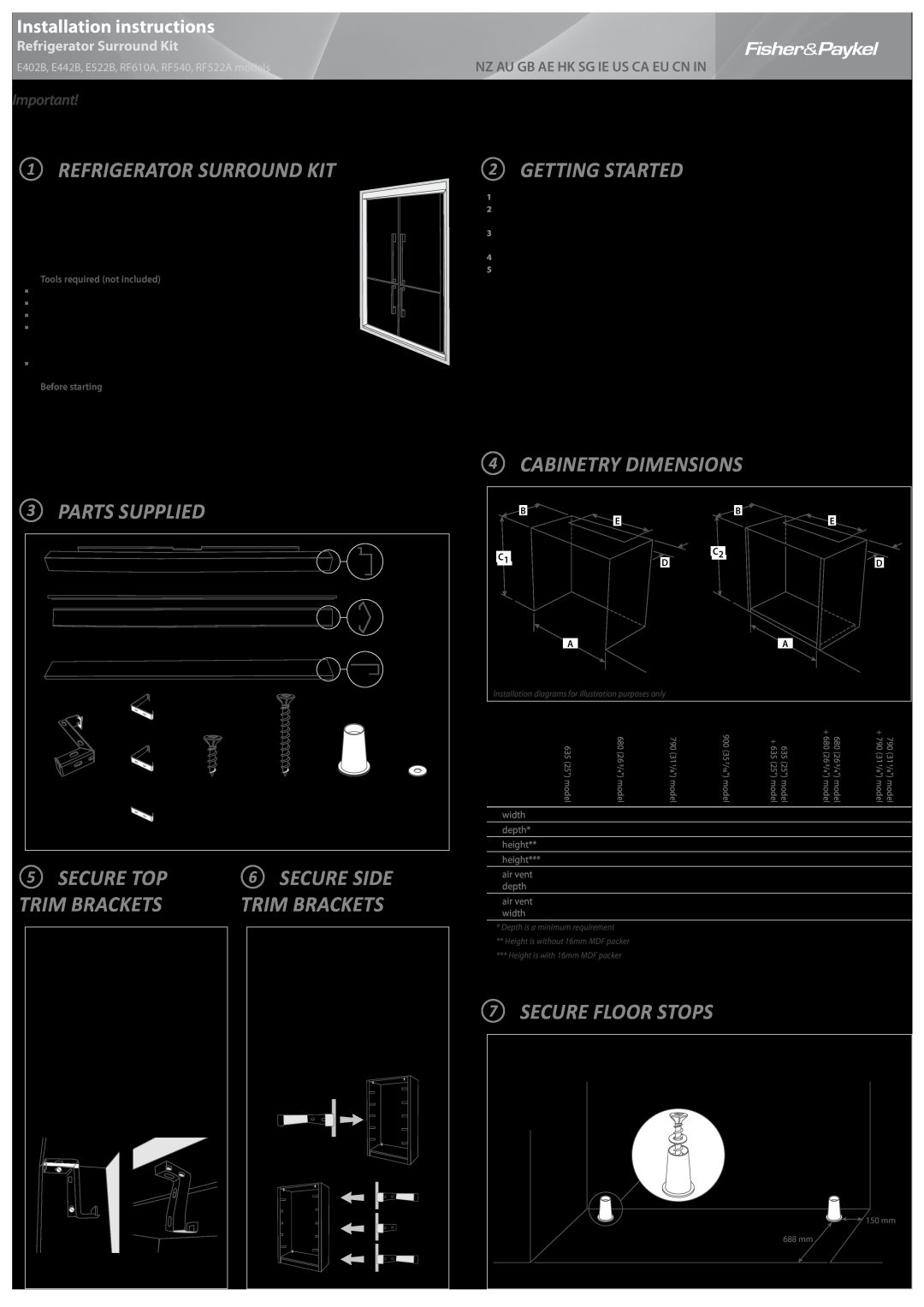 Fisher & Paykel RF540 installation instructions 1Refrigerator Surround Kit, 3Parts supplied, 2Getting Started, Diagram 