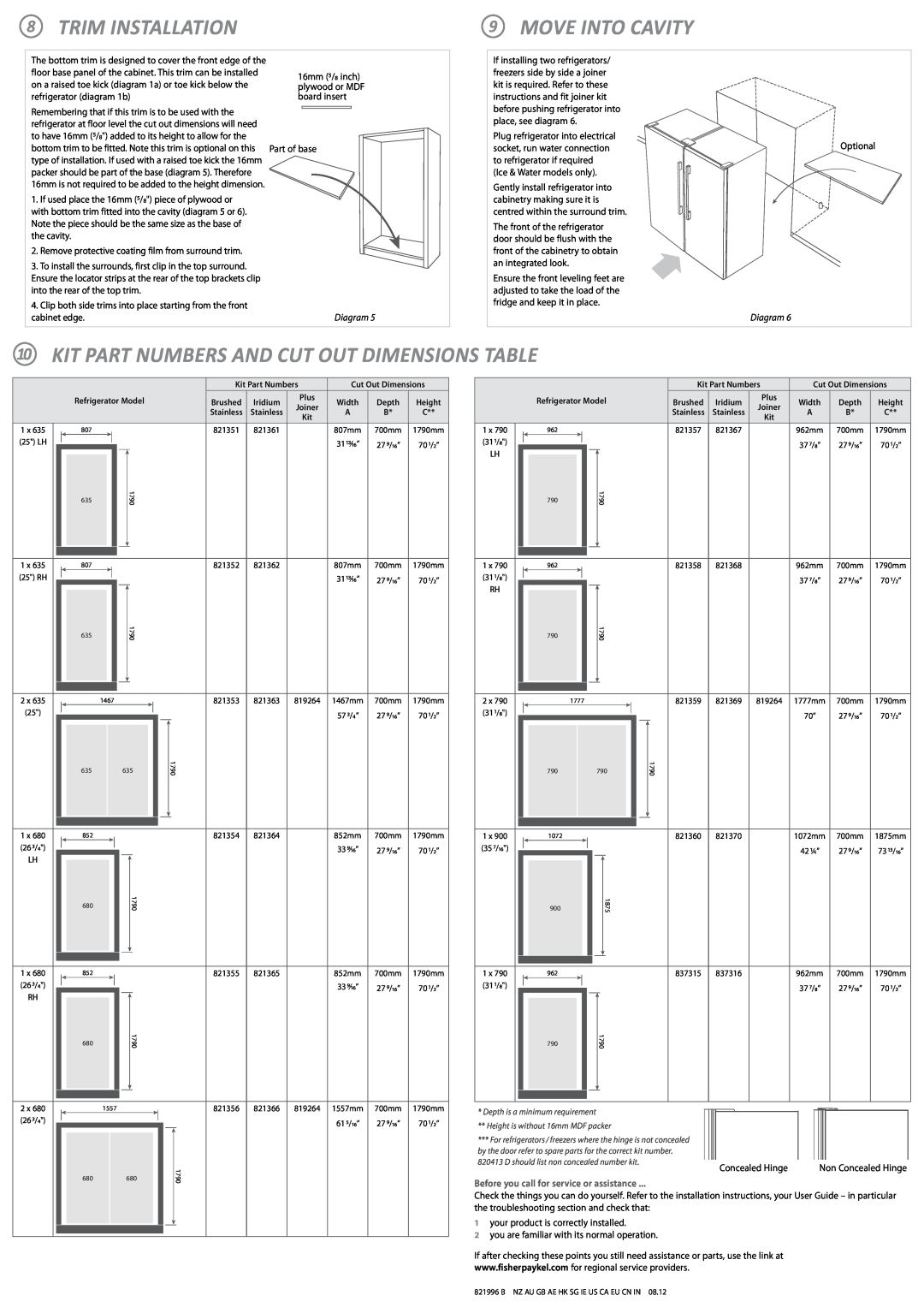 Fisher & Paykel RF540 8TRIM INSTALLATION, 9MOVE INTO CAVITY, 10Kit part numbers and cut out dimensions table, Diagram 