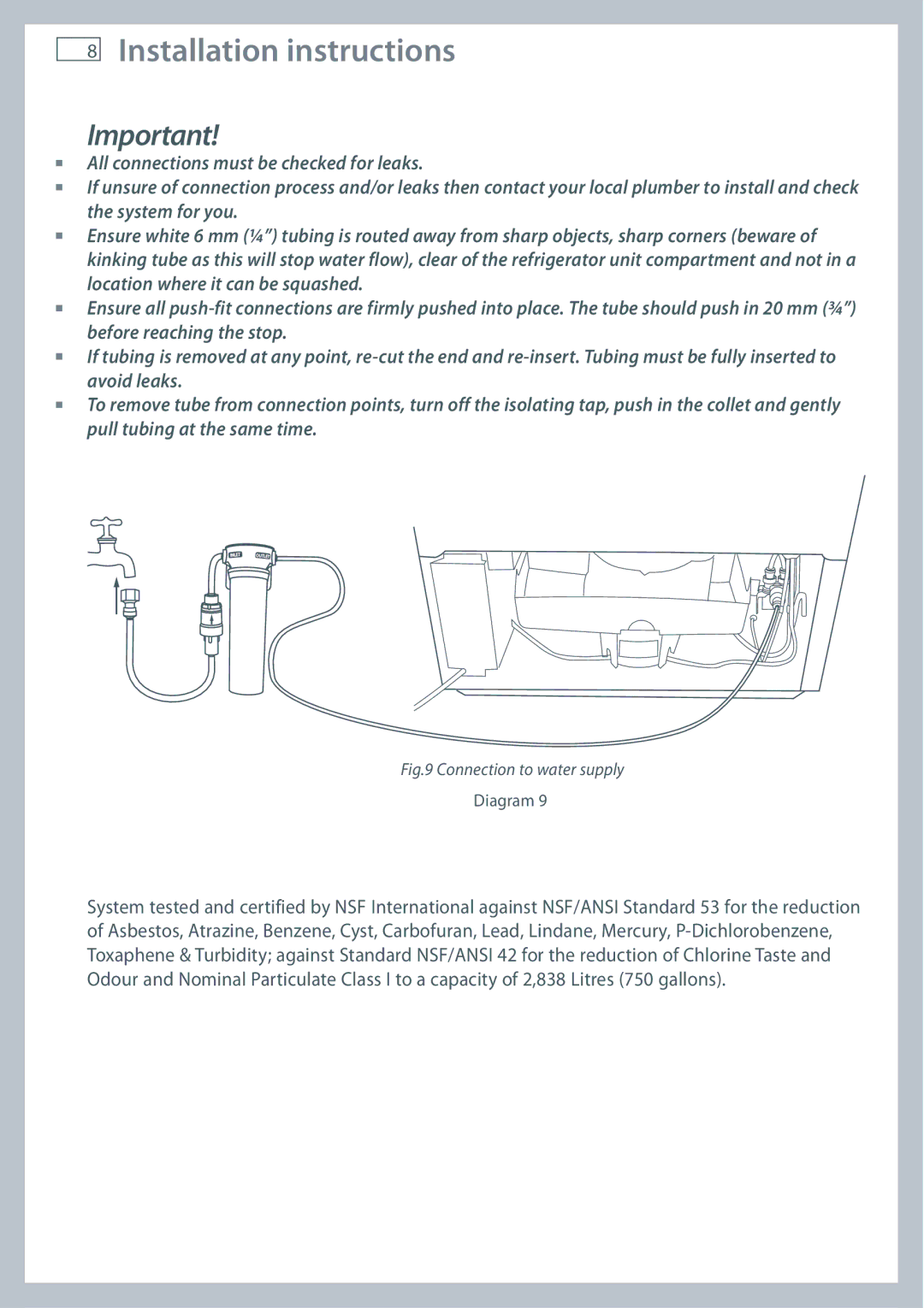 Fisher & Paykel RF201A, RF610A, RF540A installation instructions Connection to water supply 