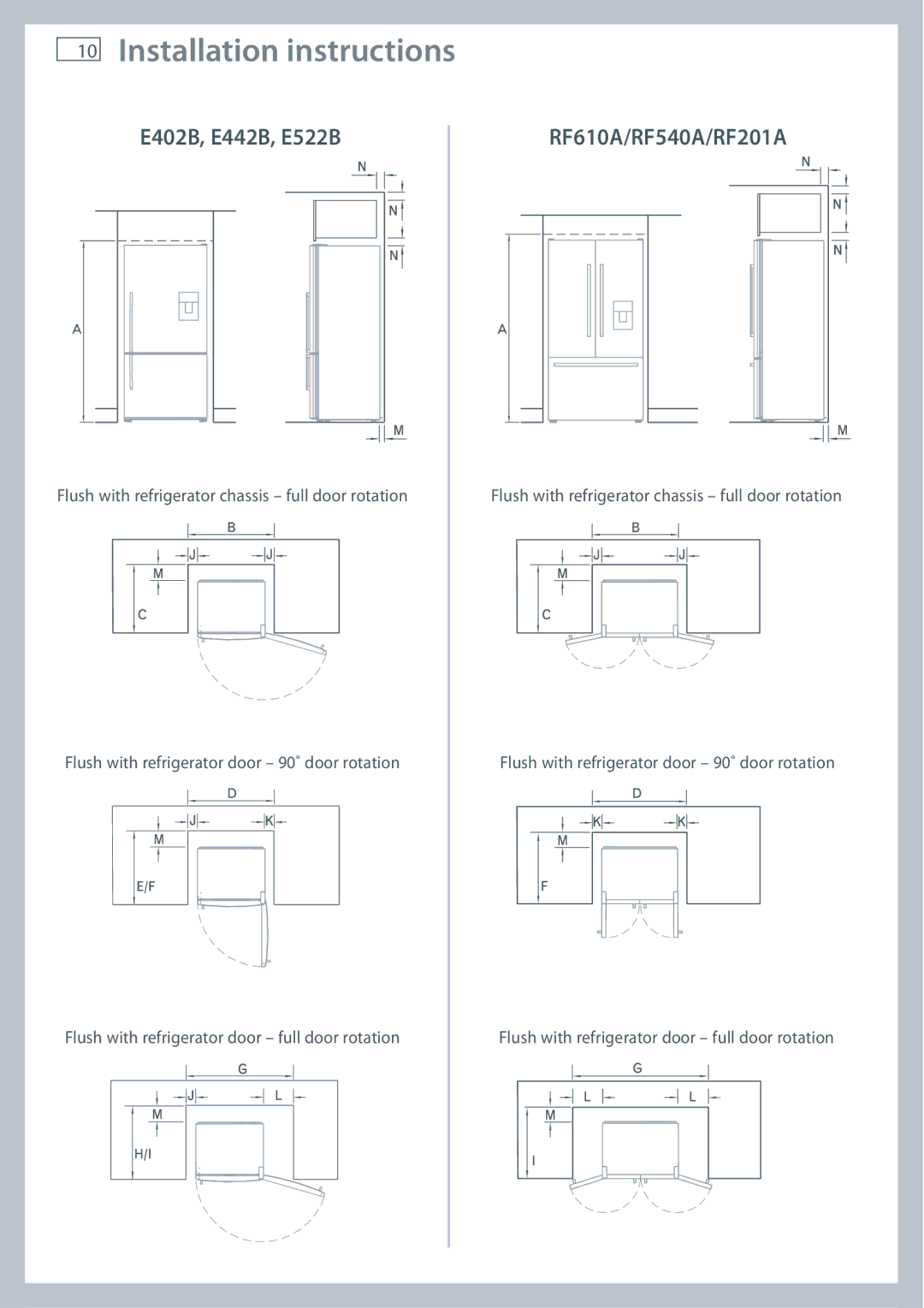 Fisher & Paykel installation instructions E402B, E442B, E522B RF610A/RF540A/RF201A 