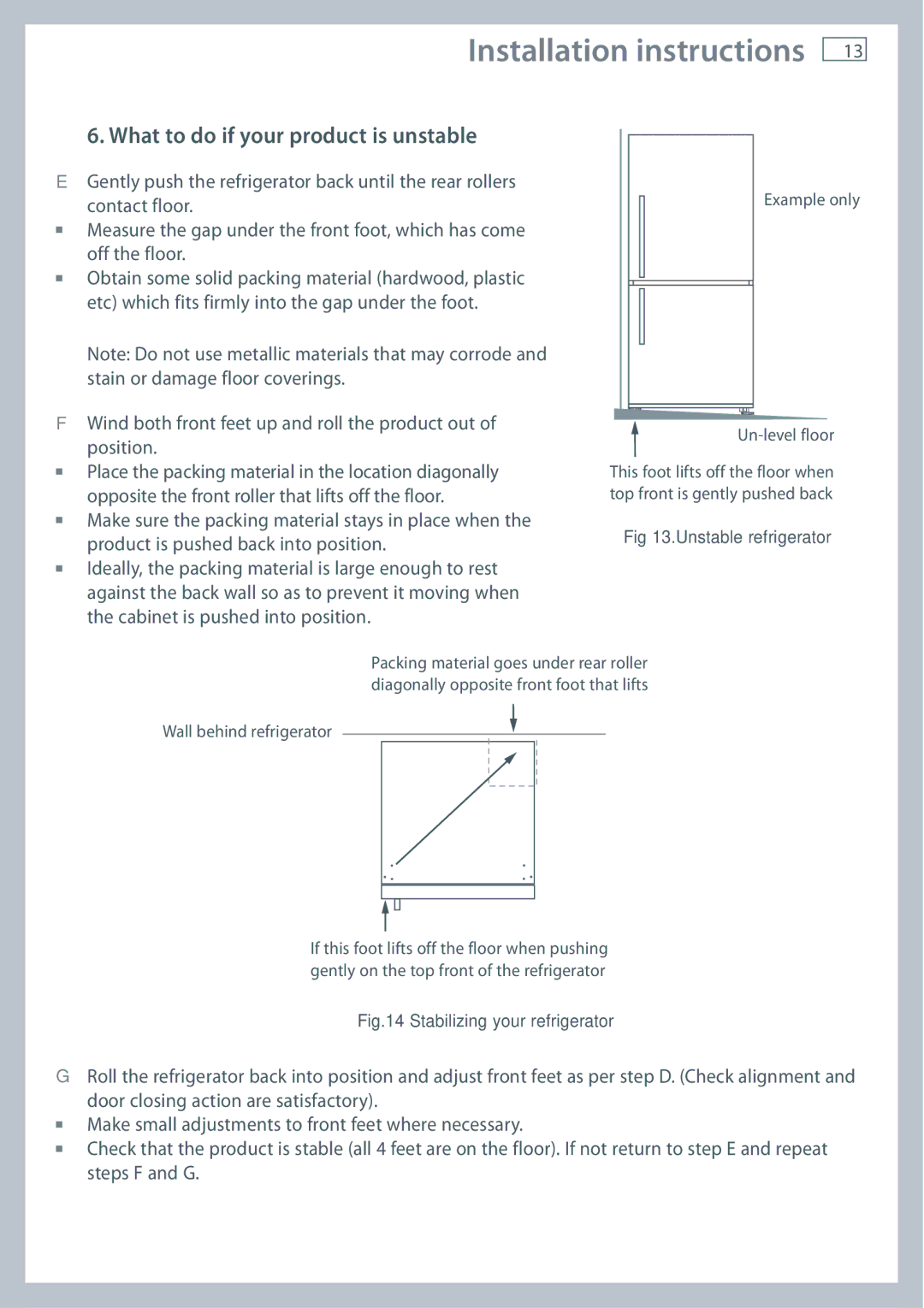 Fisher & Paykel RF610A, RF201A, RF540A What to do if your product is unstable, Unstable refrigerator 