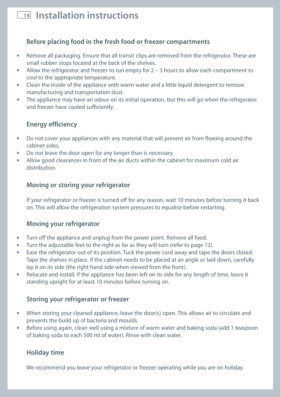 Fisher & Paykel RF201A Energy efficiency, Moving or storing your refrigerator, Moving your refrigerator, Holiday time 