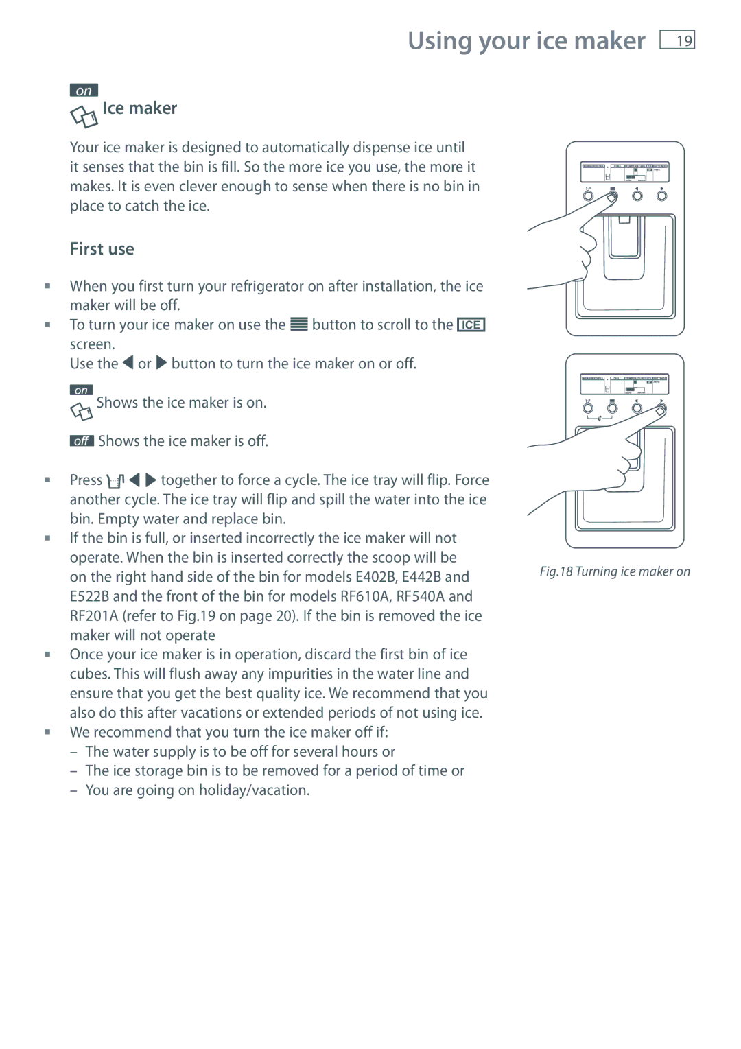 Fisher & Paykel RF610A, RF201A, RF540A installation instructions Using your ice maker, Ice maker 