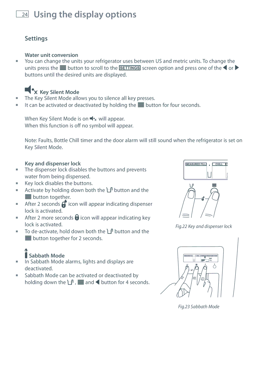 Fisher & Paykel RF540A, RF610A, RF201A installation instructions Settings, Water unit conversion 