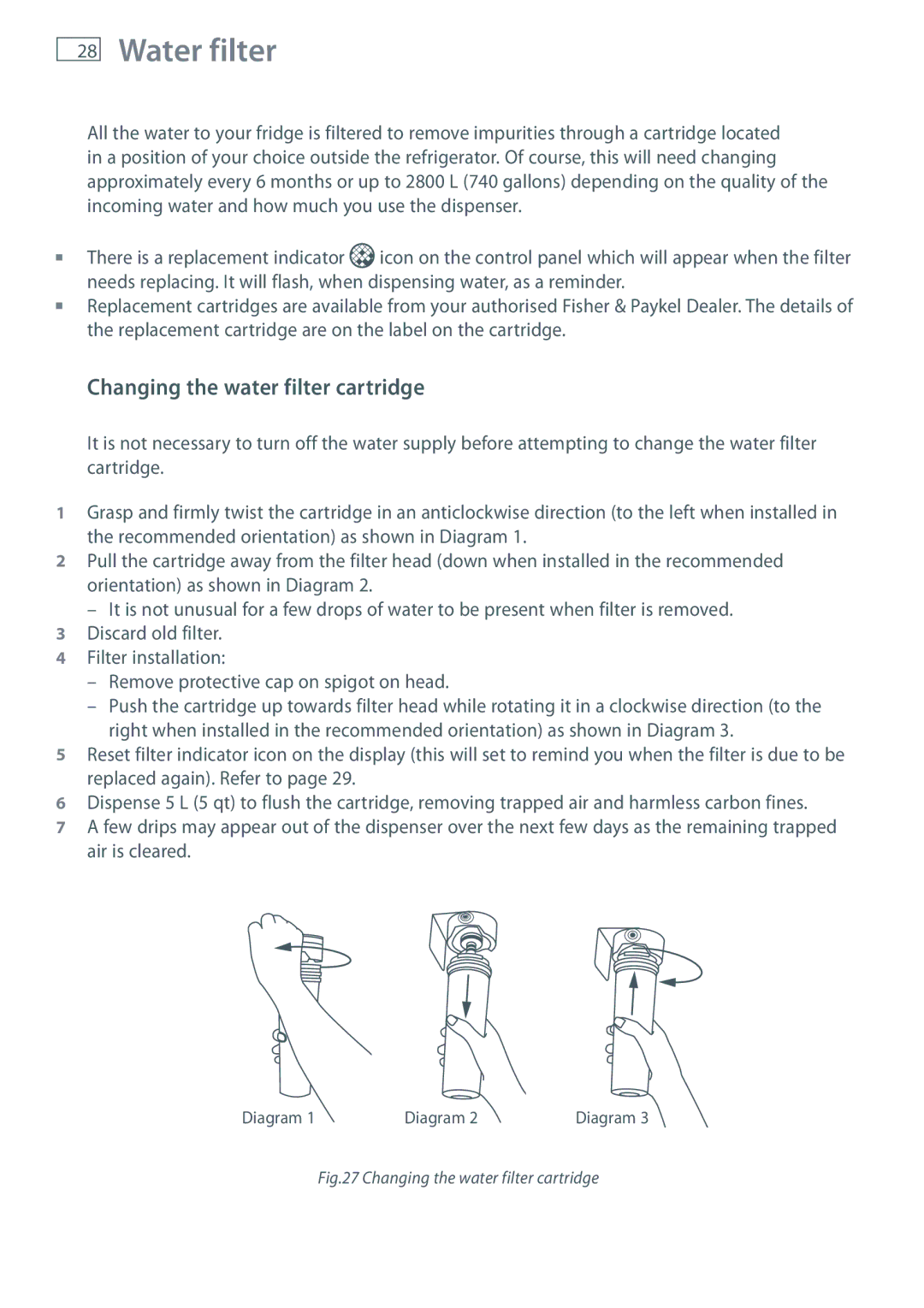 Fisher & Paykel RF610A, RF201A, RF540A installation instructions Water filter, Changing the water filter cartridge 