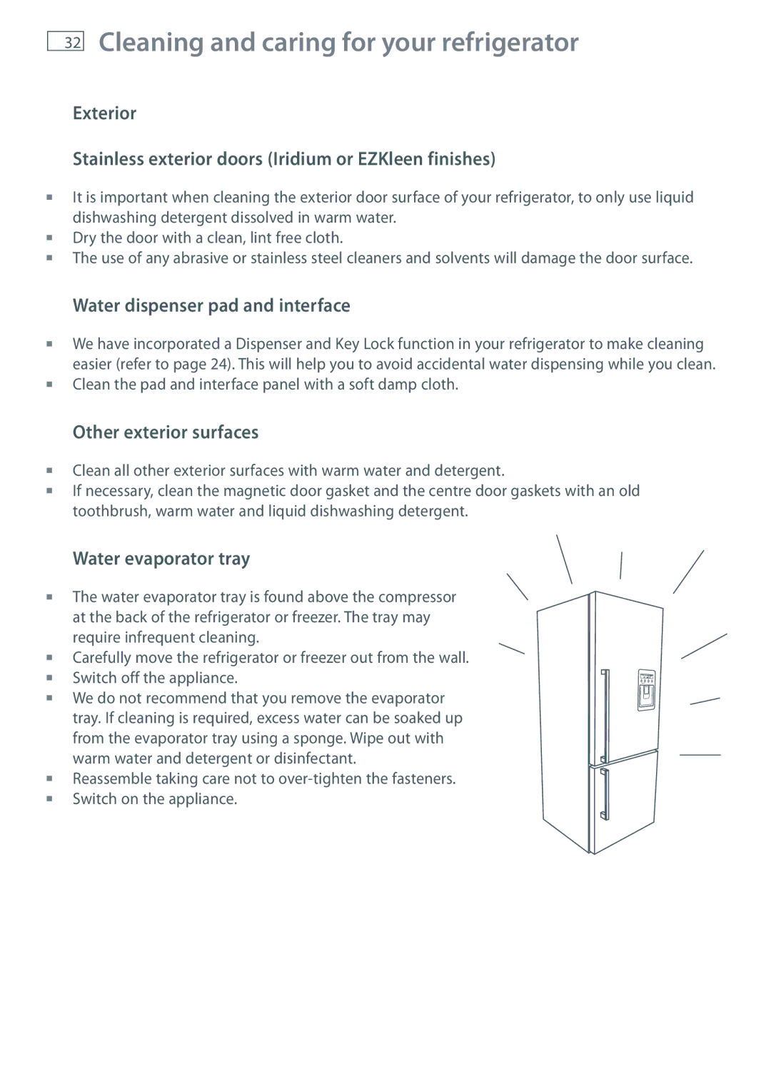 Fisher & Paykel RF201A Cleaning and caring for your refrigerator, Water dispenser pad and interface, Water evaporator tray 