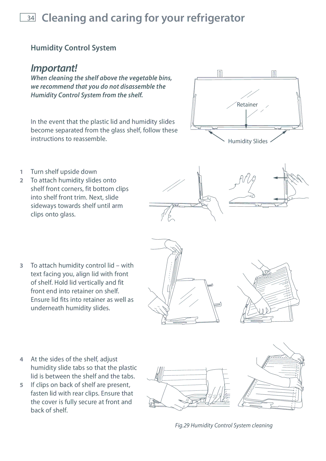 Fisher & Paykel RF610A, RF201A, RF540A installation instructions Humidity Control System cleaning 