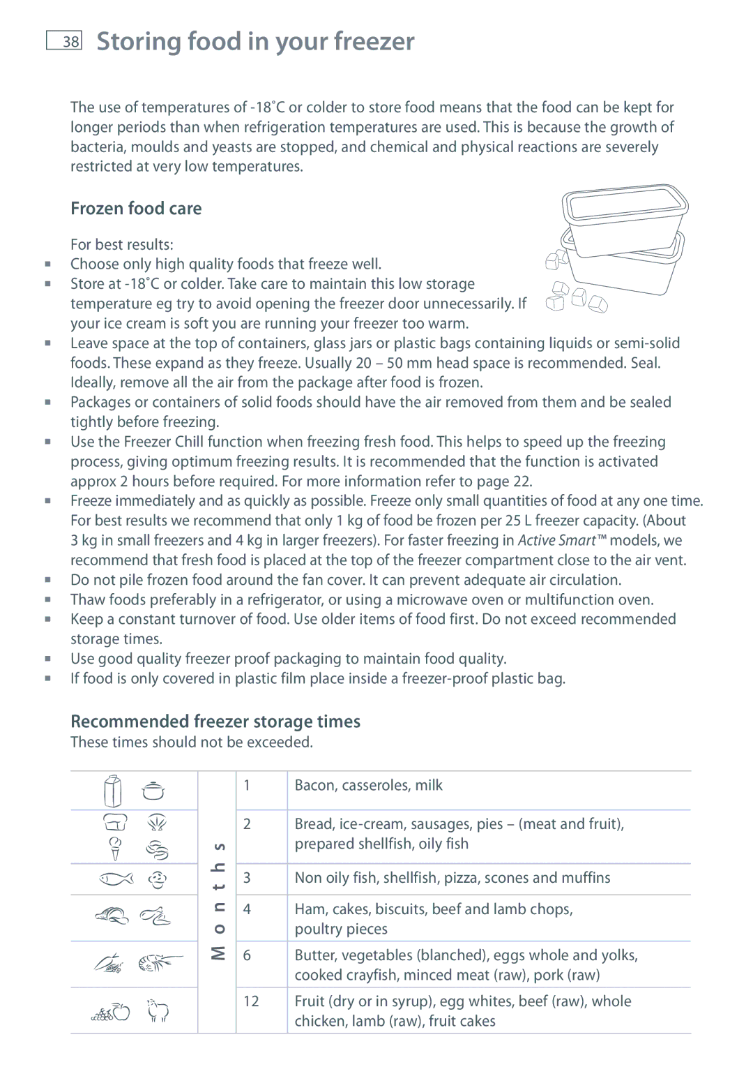 Fisher & Paykel RF201A, RF610A, RF540A Storing food in your freezer, Frozen food care, Recommended freezer storage times 