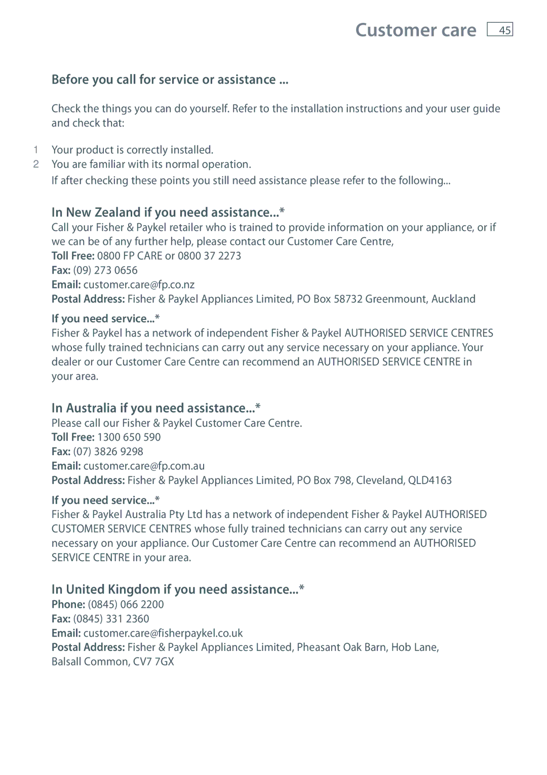 Fisher & Paykel RF540A Customer care, Before you call for service or assistance, New Zealand if you need assistance 