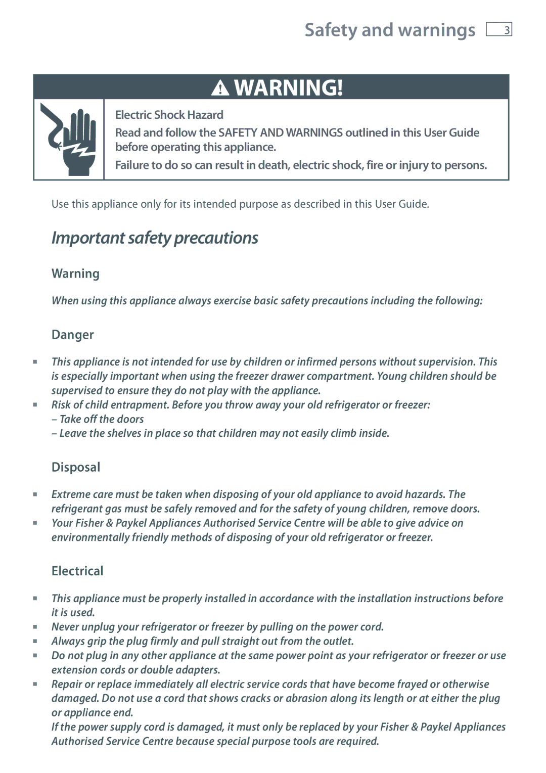 Fisher & Paykel RF540A, RF610A, RF201A installation instructions Safety and warnings, Disposal, Electrical 