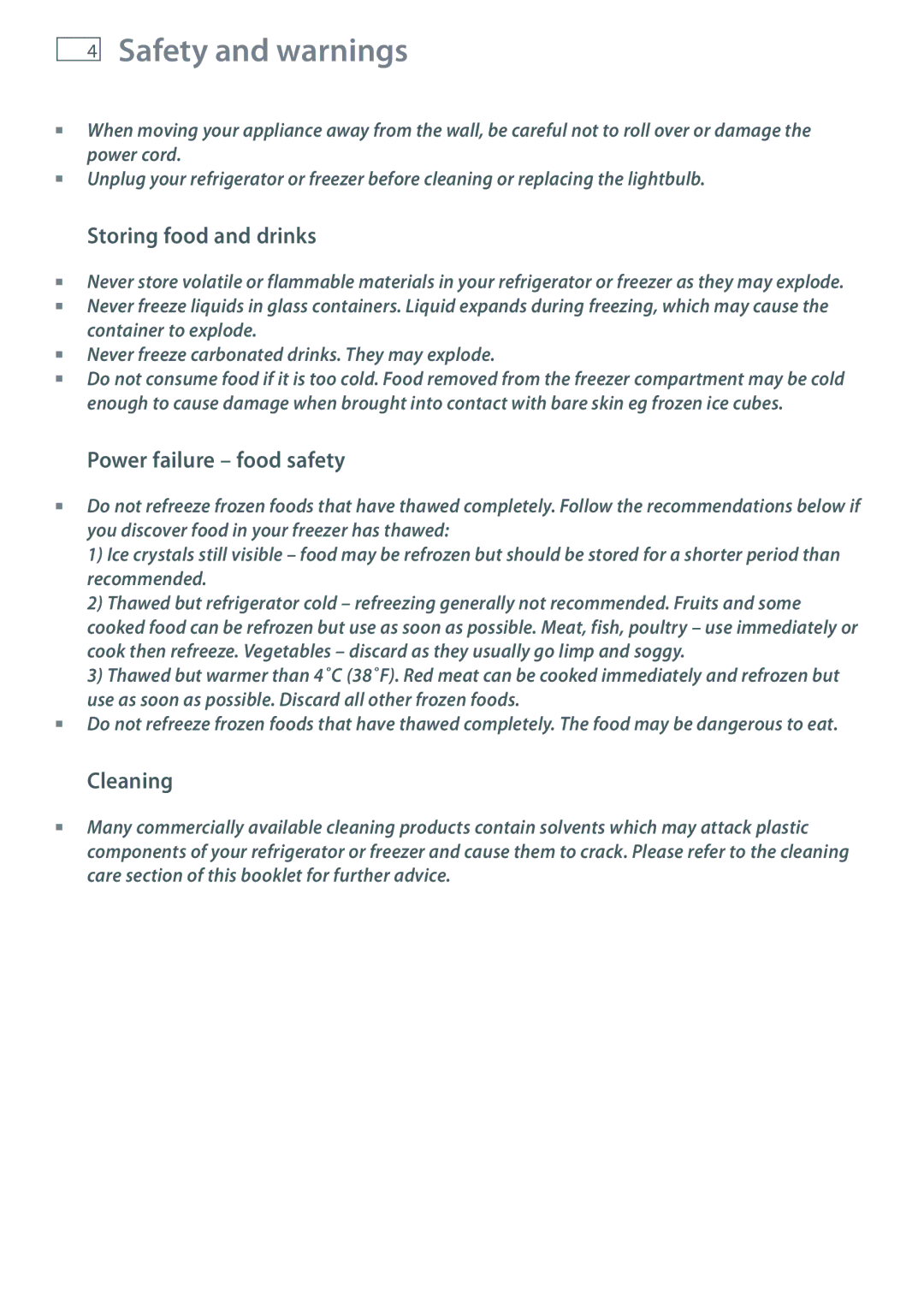 Fisher & Paykel RF610A, RF201A, RF540A installation instructions Storing food and drinks, Power failure food safety, Cleaning 