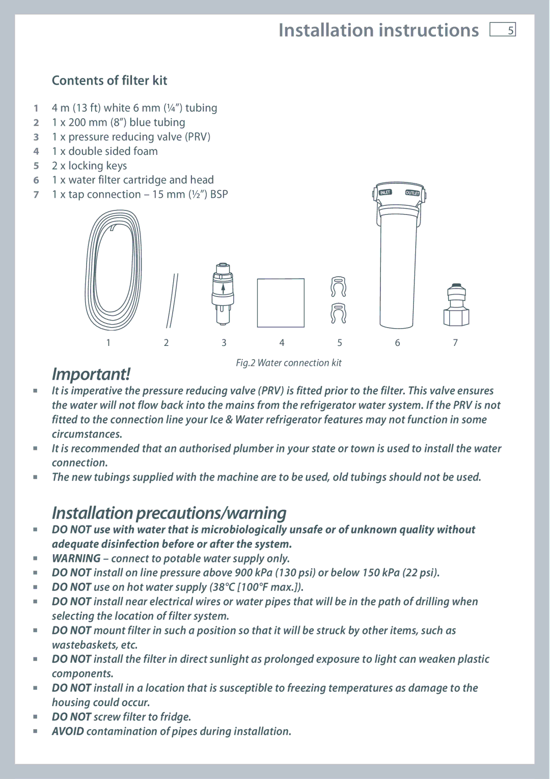 Fisher & Paykel RF201A, RF610A, RF540A installation instructions Installation instructions, Contents of filter kit 