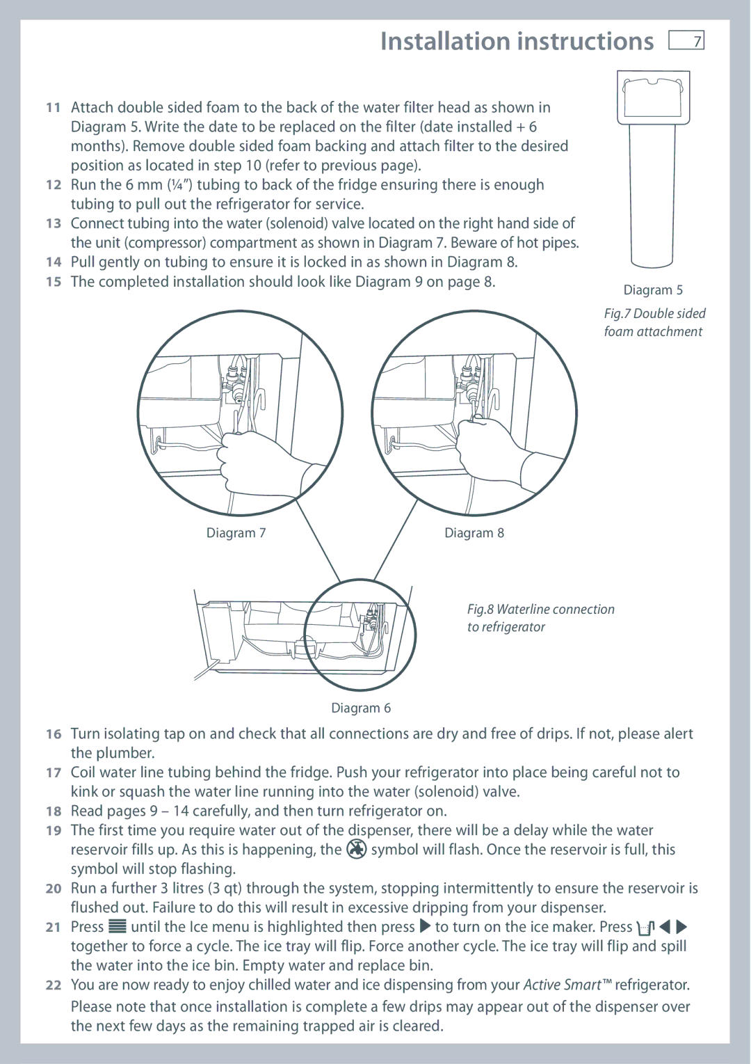 Fisher & Paykel RF610A, RF201A, RF540A installation instructions Waterline connection to refrigerator 