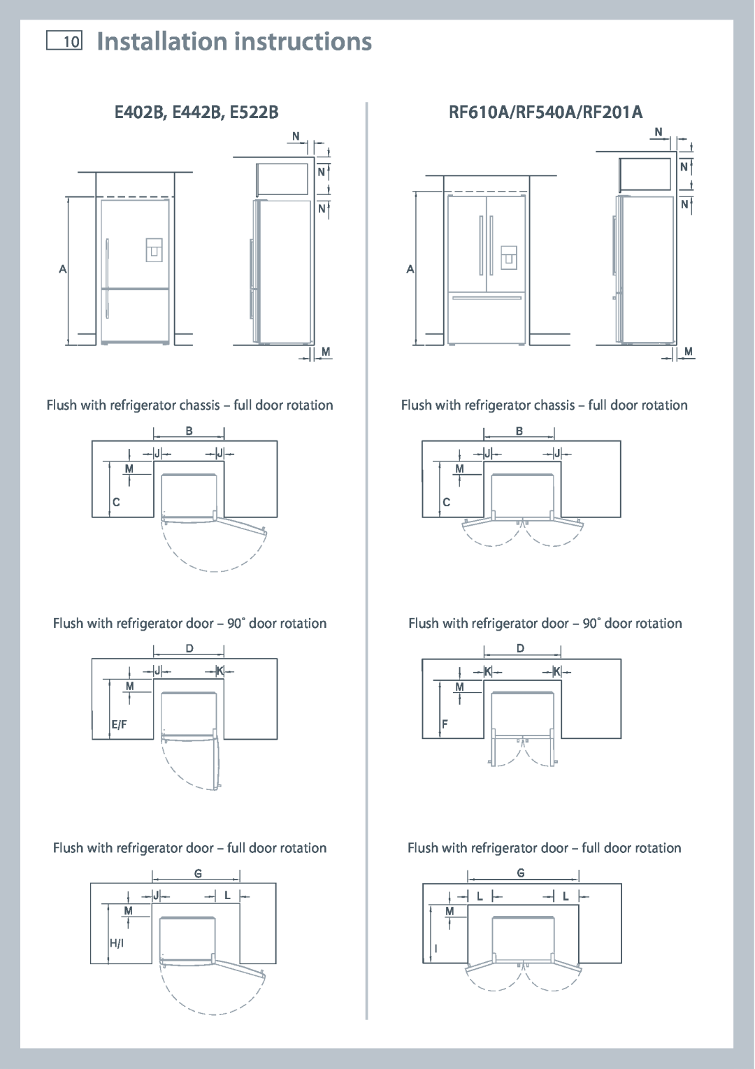 Fisher & Paykel installation instructions E402B, E442B, E522B, RF610A/RF540A/RF201A, Installation instructions 