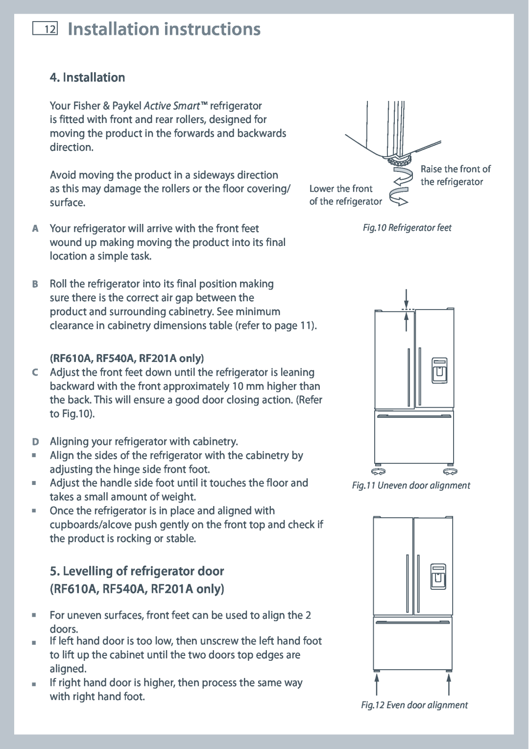 Fisher & Paykel installation instructions Installation instructions, RF610A, RF540A, RF201A only 