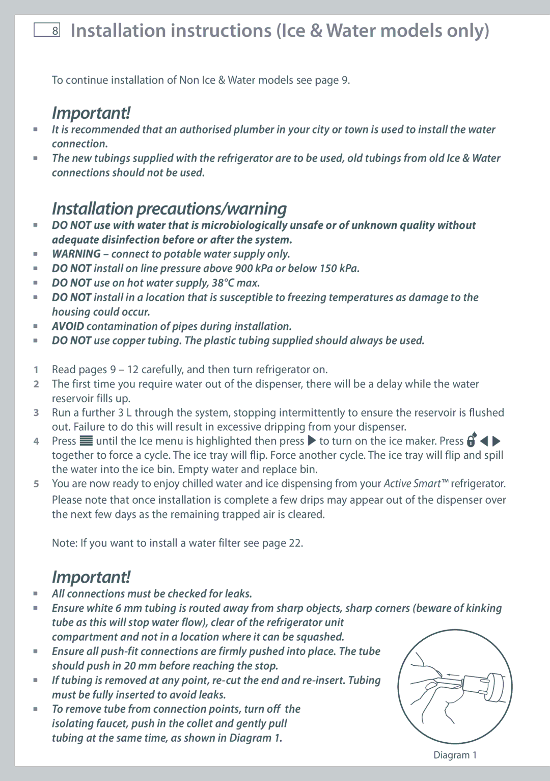 Fisher & Paykel RF610ADUX, E522BLXFD Installation instructions Ice & Water models only, Installation precautions/warning 