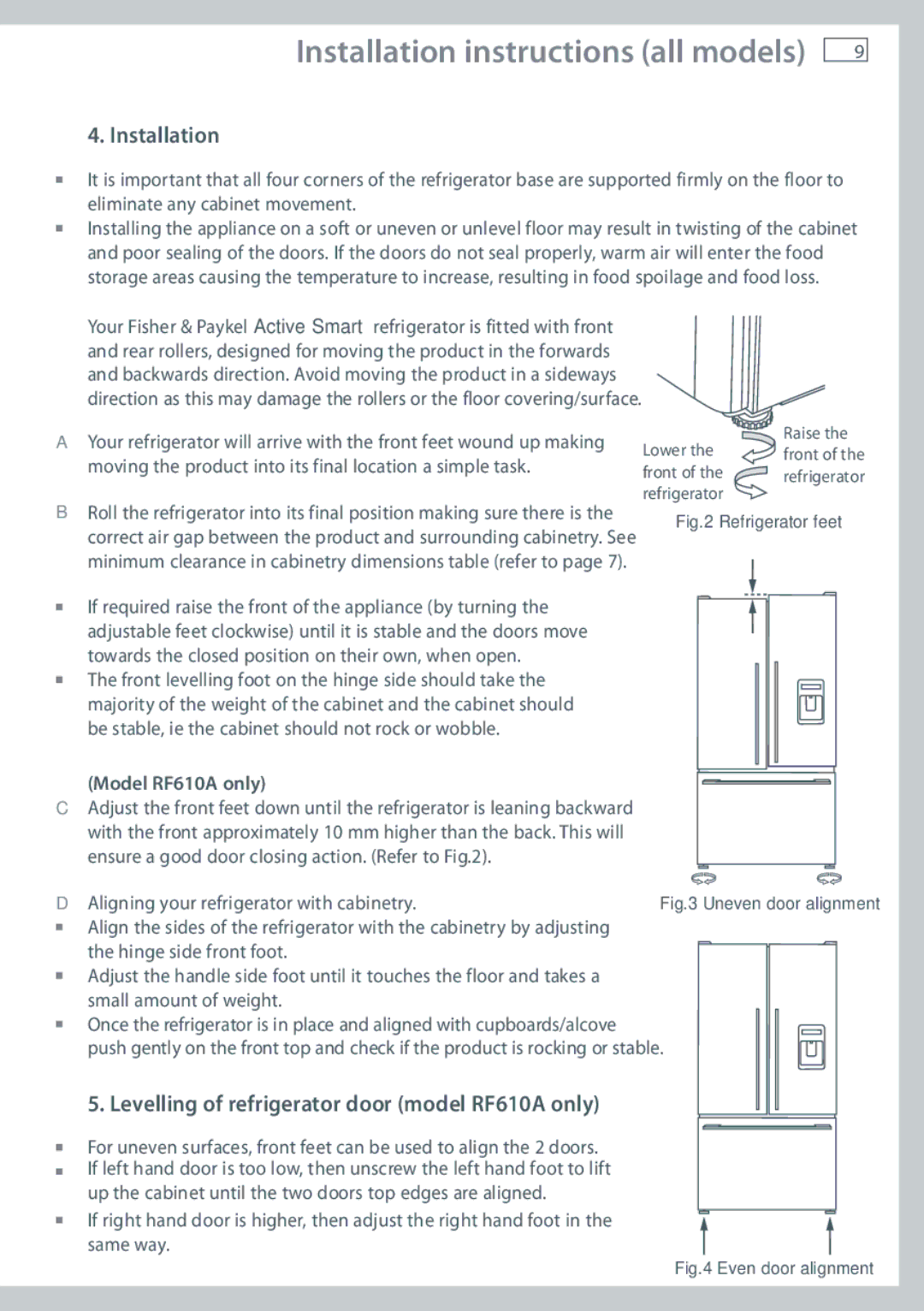 Fisher & Paykel E522BLXFD, RF610ADUX Installation, Levelling of refrigerator door model RF610A only, Model RF610A only 