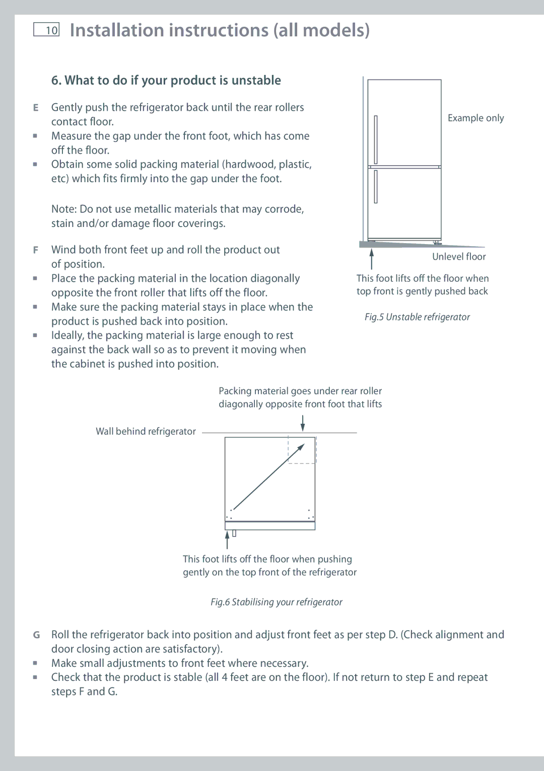 Fisher & Paykel E442BLXFD, RF610ADUX, E522BLXFD What to do if your product is unstable, Example only Unlevel floor 