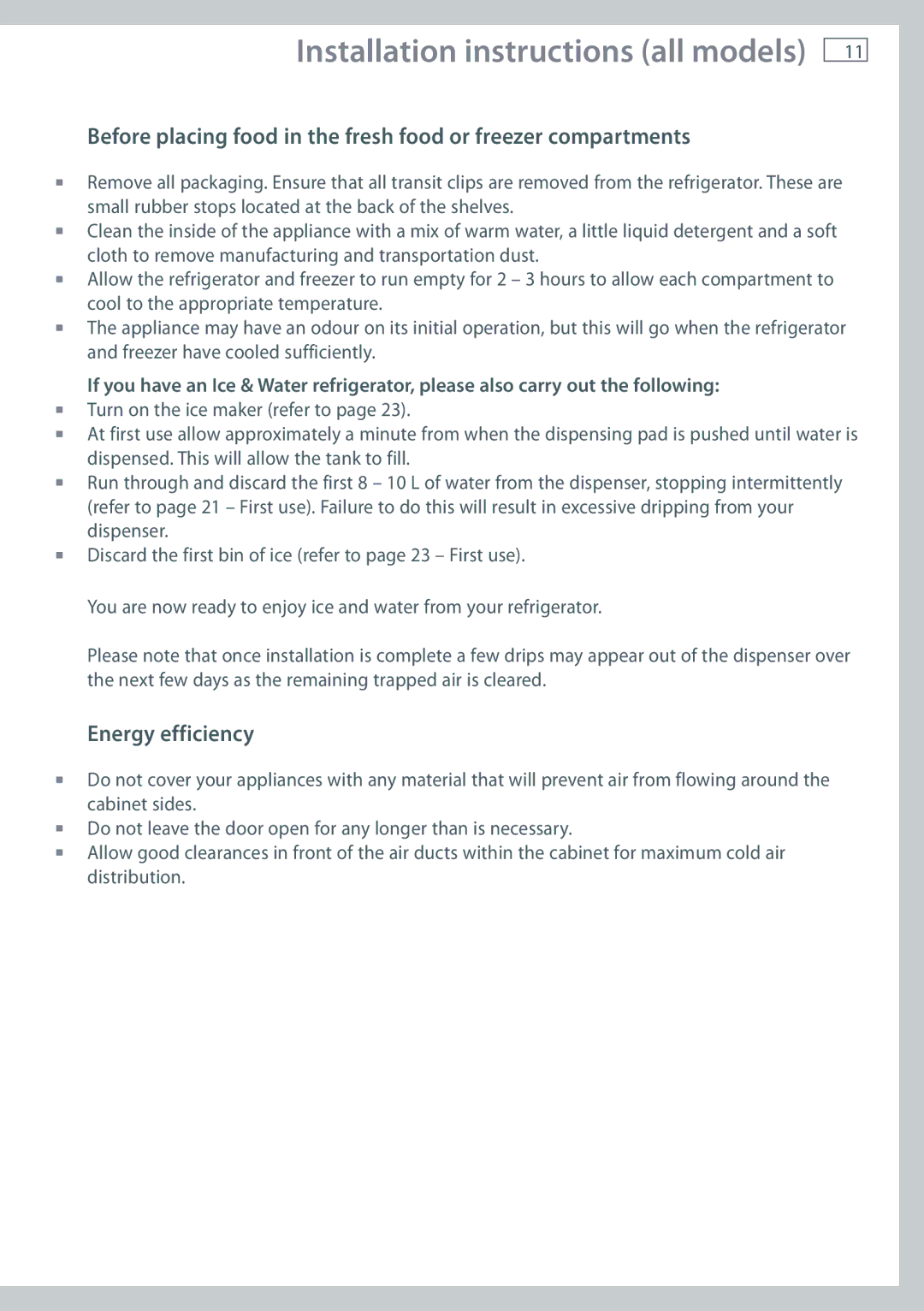 Fisher & Paykel E522BRXFDU, RF610ADUX, E522BLXFD, E442BLXFD, E442BRXFDU installation instructions Energy efficiency 