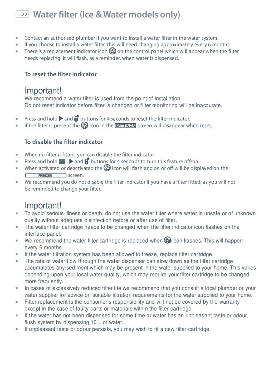 Fisher & Paykel E442BRXFDU, RF610ADUX, E522BLXFD Water filter Ice & Water models only, To reset the filter indicator 