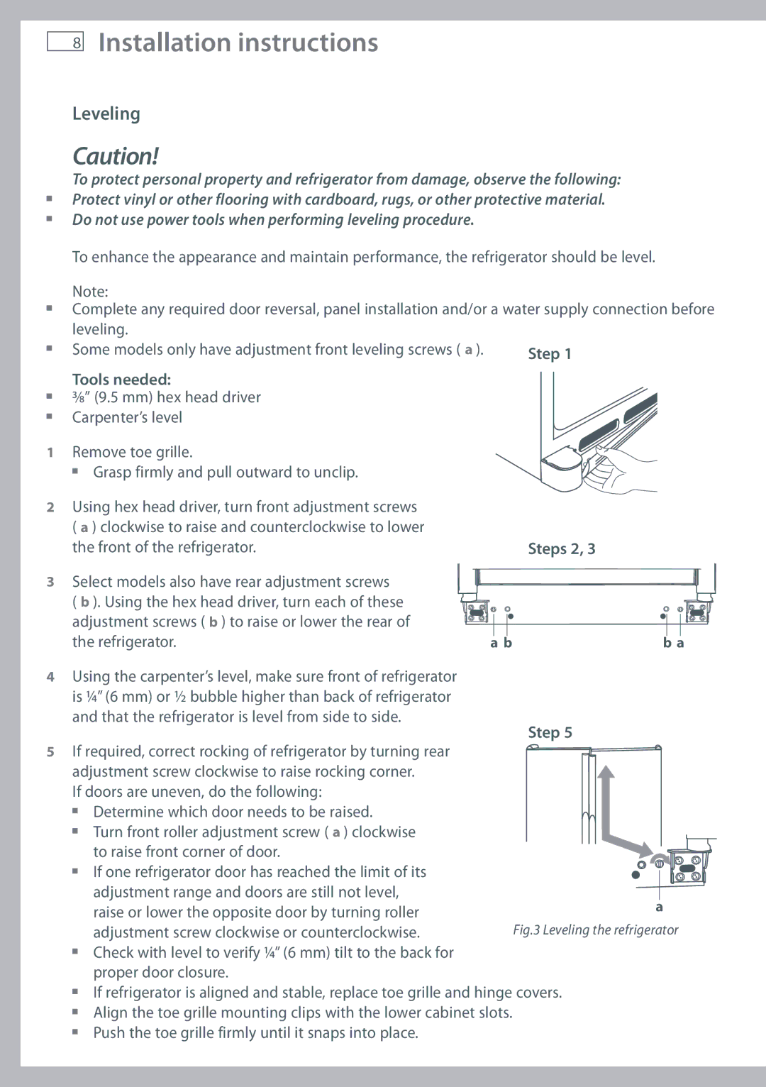 Fisher & Paykel RX216, RX256 installation instructions Leveling, Tools needed 