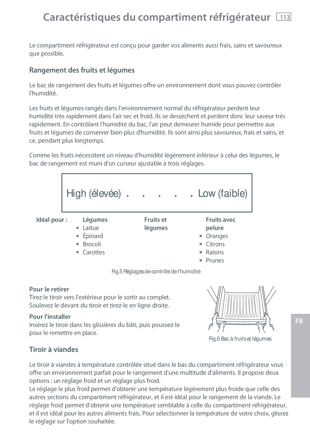 Fisher & Paykel RX256, RX216 installation instructions Rangement des fruits et légumes, Tiroir à viandes 