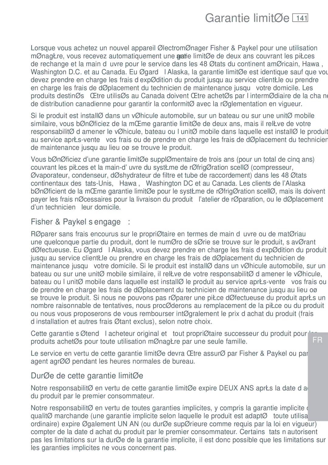 Fisher & Paykel RX256, RX216 Garantie limitée, Fisher & Paykel s’engage à, Durée de cette garantie limitée, 141 