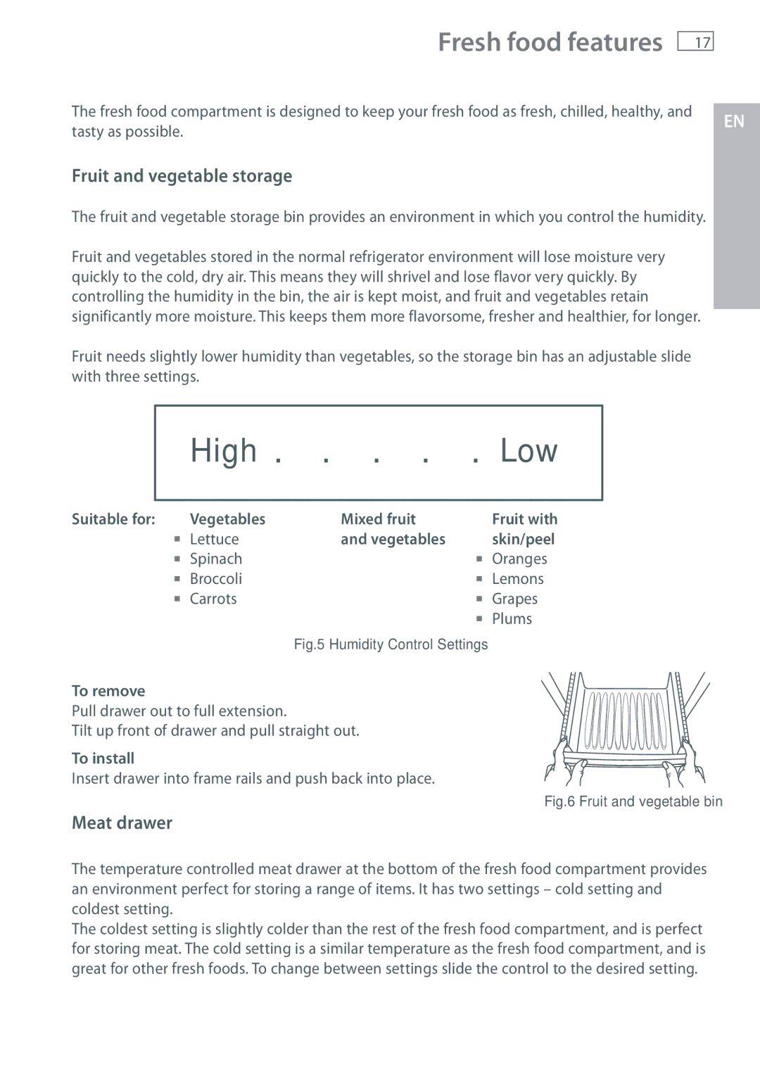 Fisher & Paykel RX256, RX216 installation instructions Fresh food features, Fruit and vegetable storage, Meat drawer 