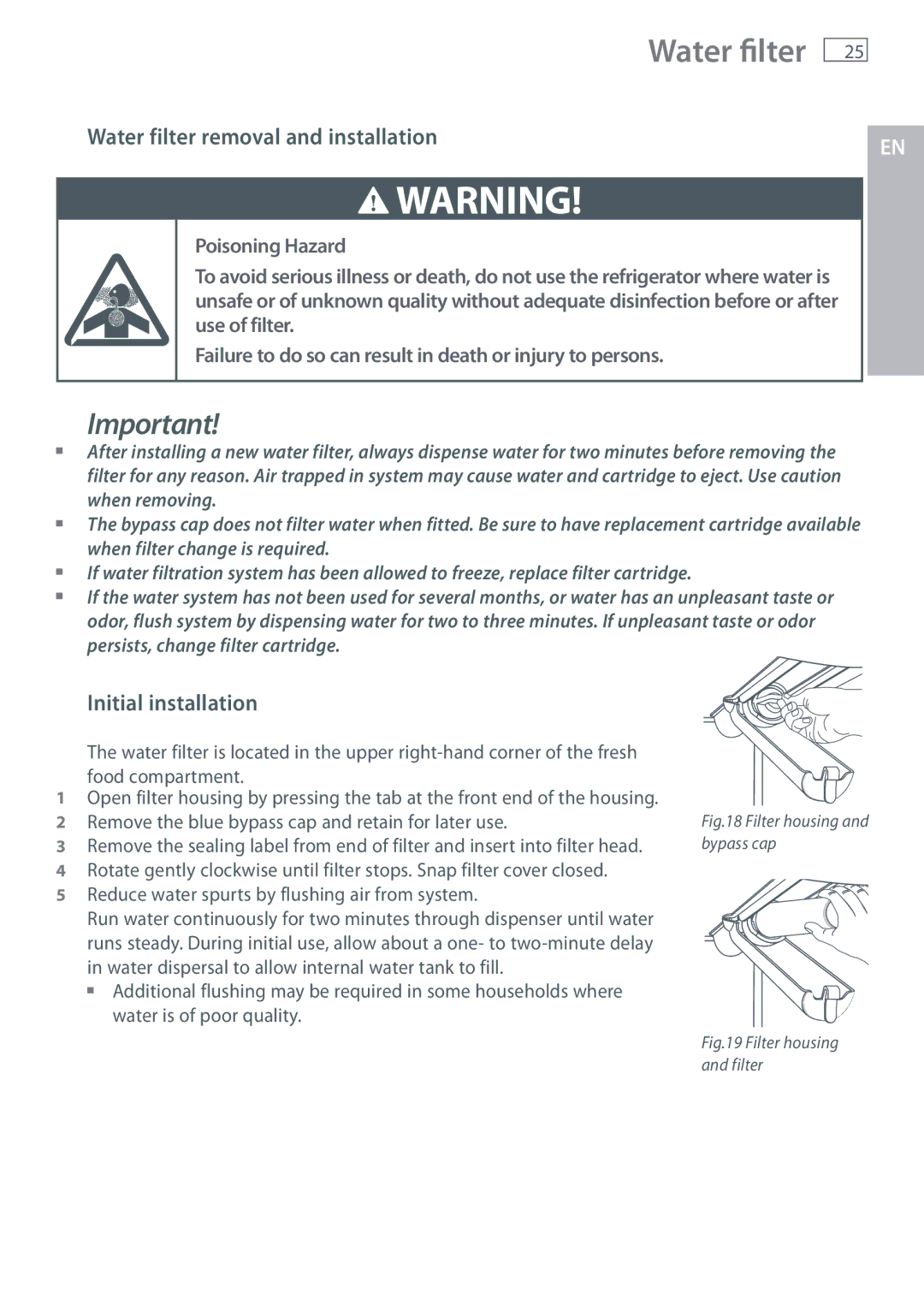 Fisher & Paykel RX256, RX216 installation instructions Water filter removal and installation, Initial installation 