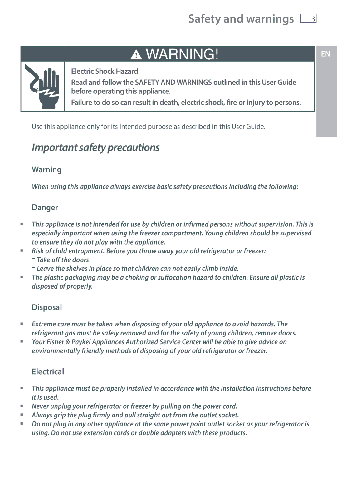 Fisher & Paykel RX256, RX216 installation instructions Safety and warnings, Disposal, Electrical 