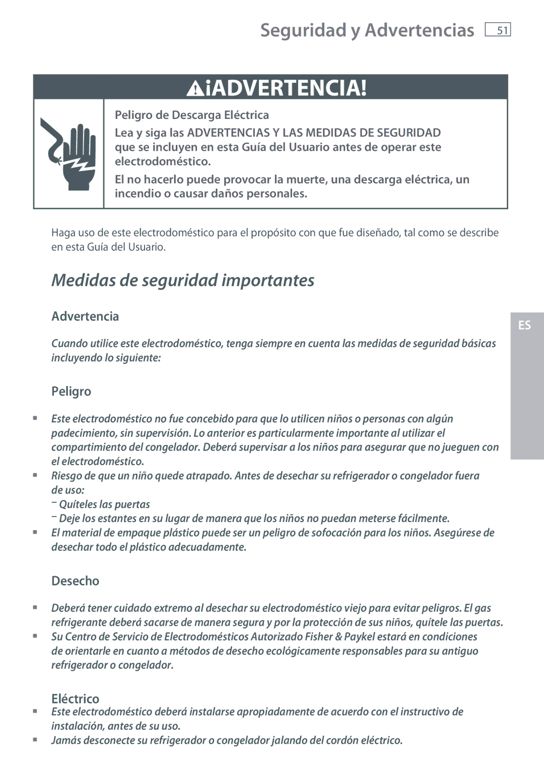 Fisher & Paykel RX256, RX216 installation instructions Seguridad y Advertencias, Peligro, Desecho, Eléctrico 