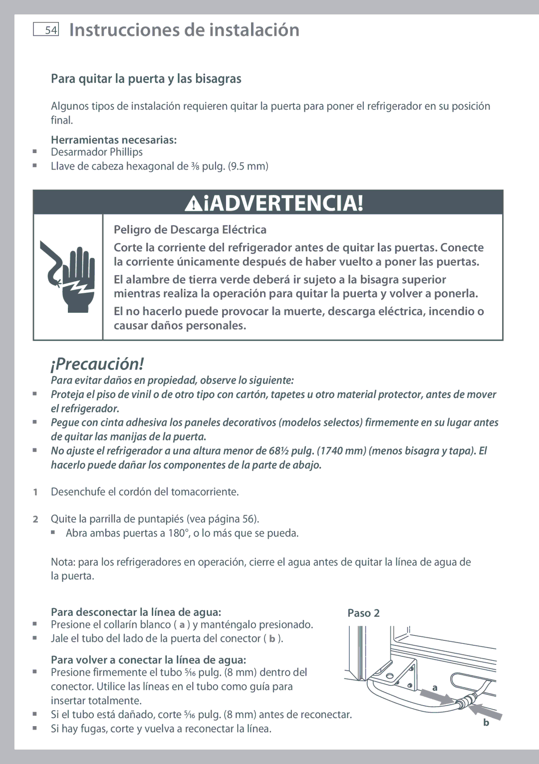 Fisher & Paykel RX216, RX256 Instrucciones de instalación, Para quitar la puerta y las bisagras, Herramientas necesarias 