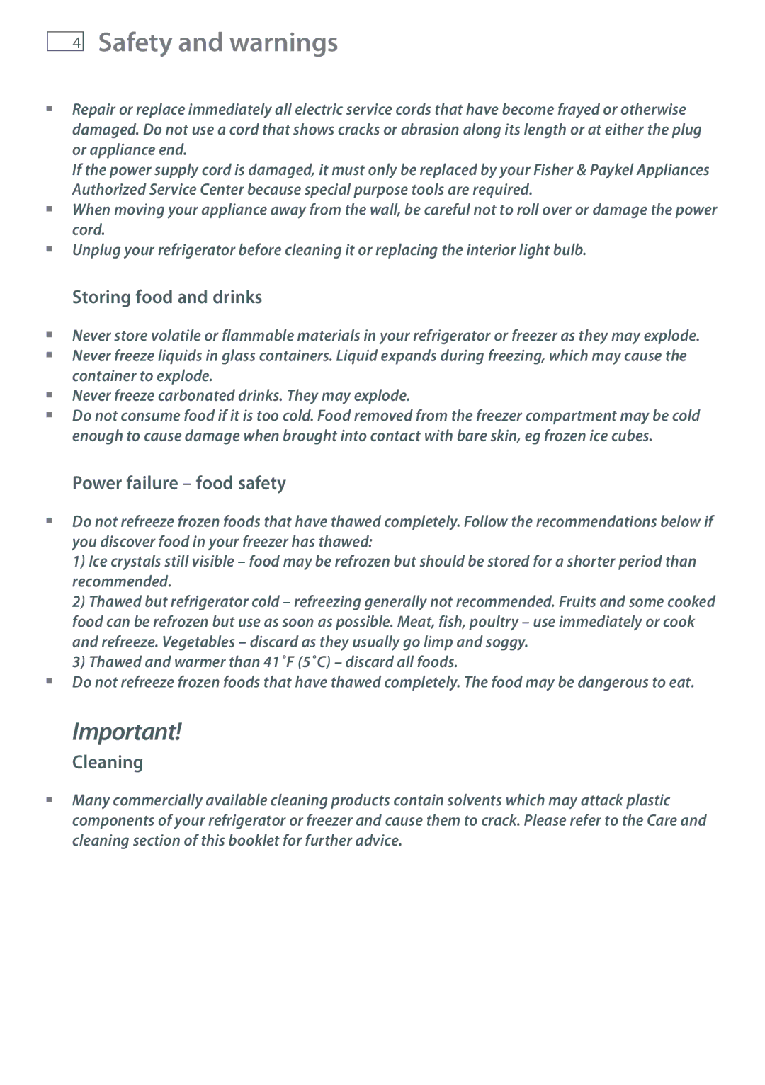 Fisher & Paykel RX216, RX256 installation instructions Storing food and drinks, Power failure food safety, Cleaning 