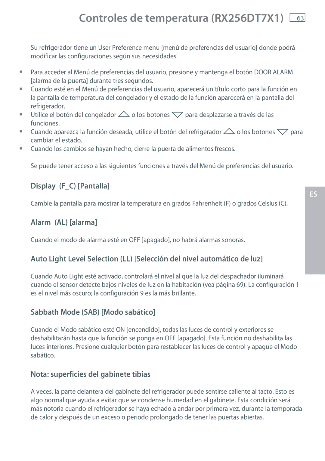 Fisher & Paykel RX256, RX216 Display FC Pantalla, Alarm AL alarma, Sabbath Mode SAB Modo sabático, Cambiar el estado 