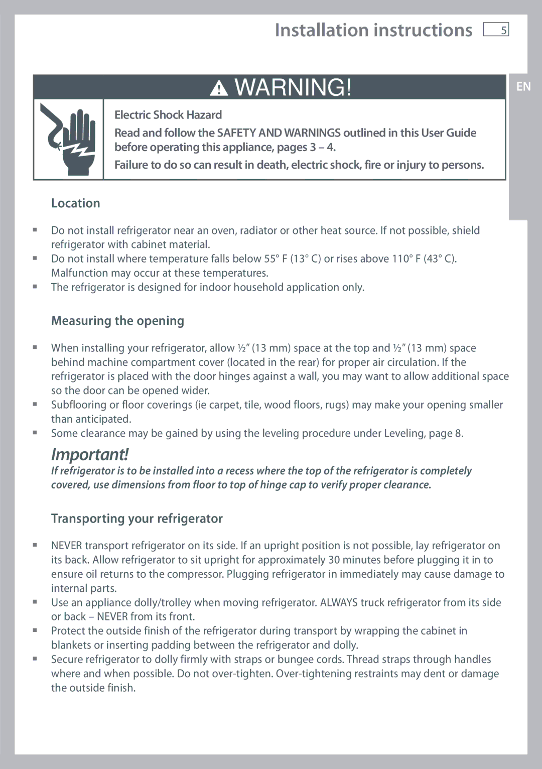 Fisher & Paykel RX256, RX216 Installation instructions, Location, Measuring the opening, Transporting your refrigerator 