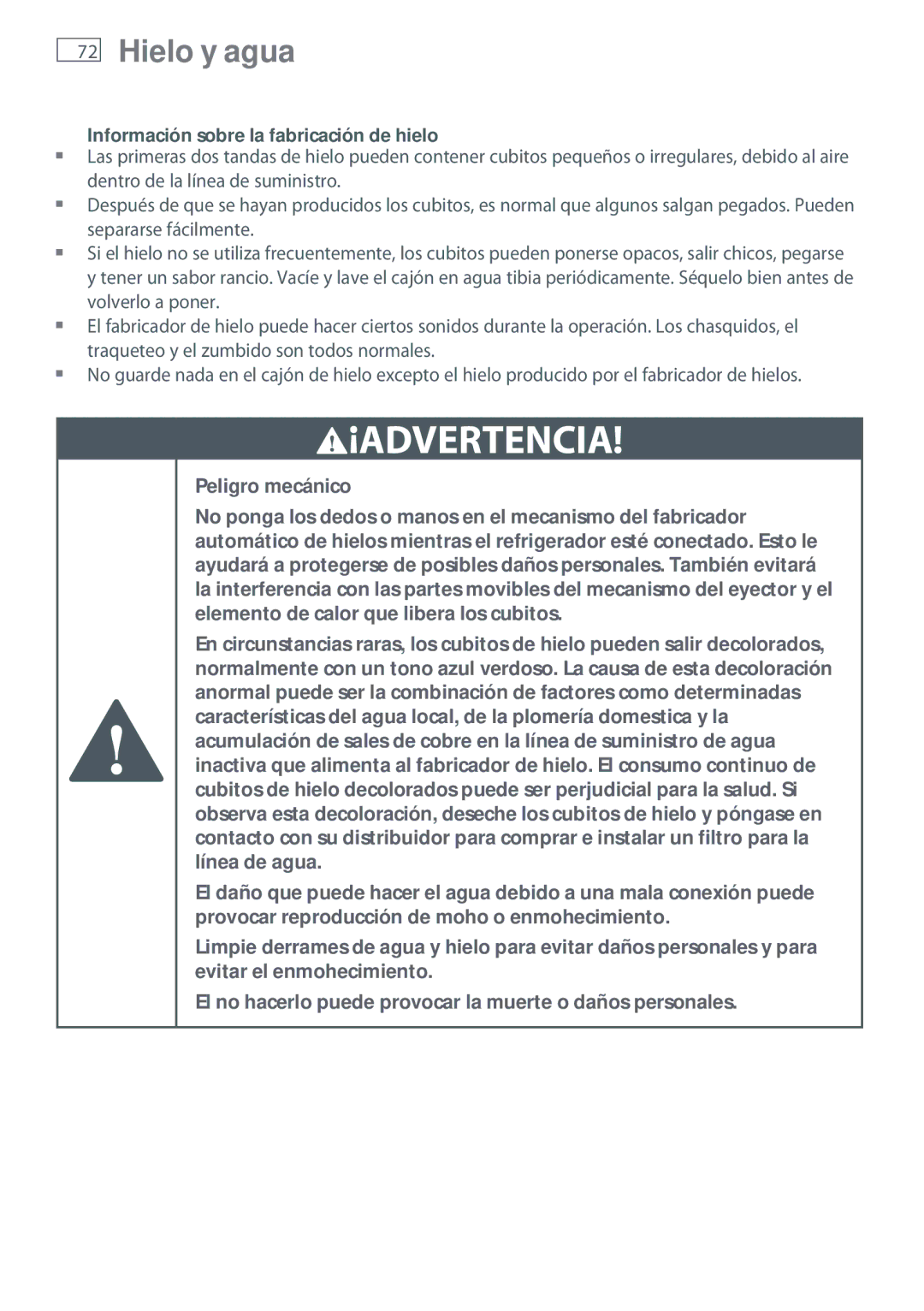 Fisher & Paykel RX216, RX256 installation instructions Peligro mecánico, Información sobre la fabricación de hielo 