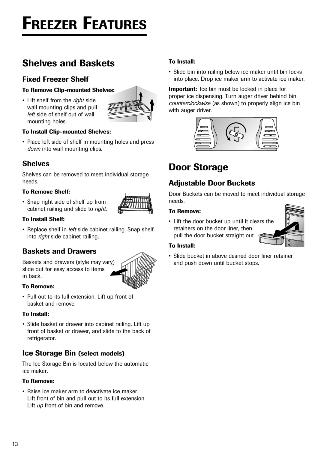 Fisher & Paykel RX256DT7X1 installation instructions Freezer Features, Shelves and Baskets 