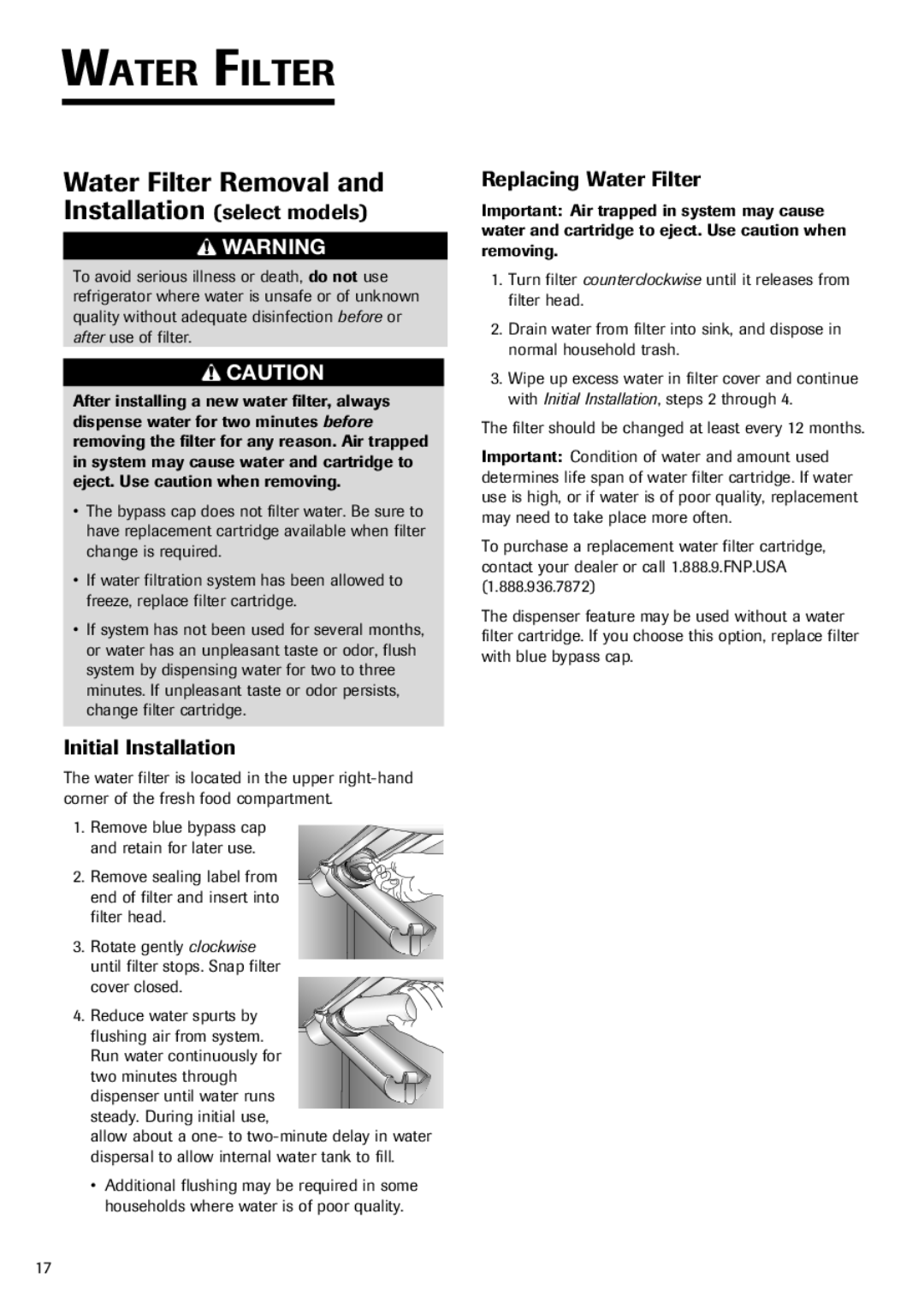 Fisher & Paykel RX256DT7X1 Water Filter Removal, Installation select models, Initial Installation 