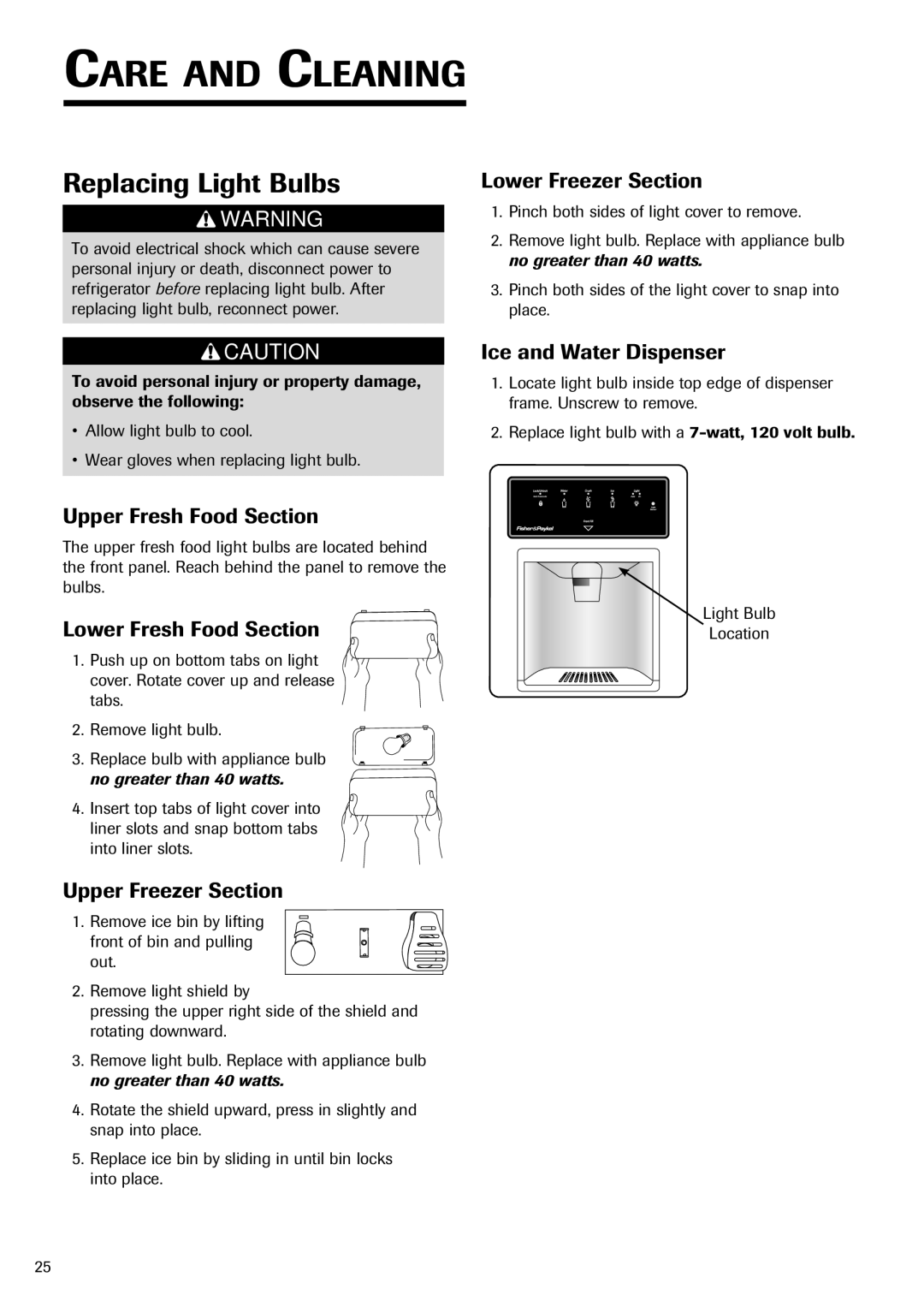 Fisher & Paykel RX256DT7X1 installation instructions Replacing Light Bulbs 