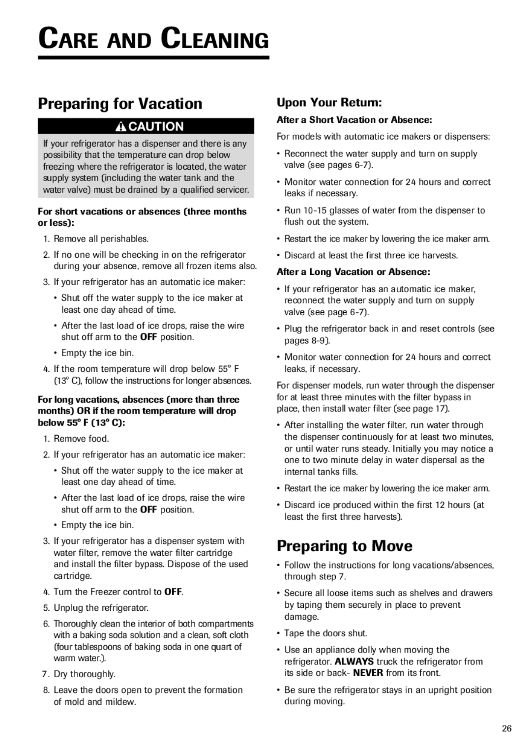 Fisher & Paykel RX256DT7X1 installation instructions Preparing for Vacation, Preparing to Move, Upon Your Return 