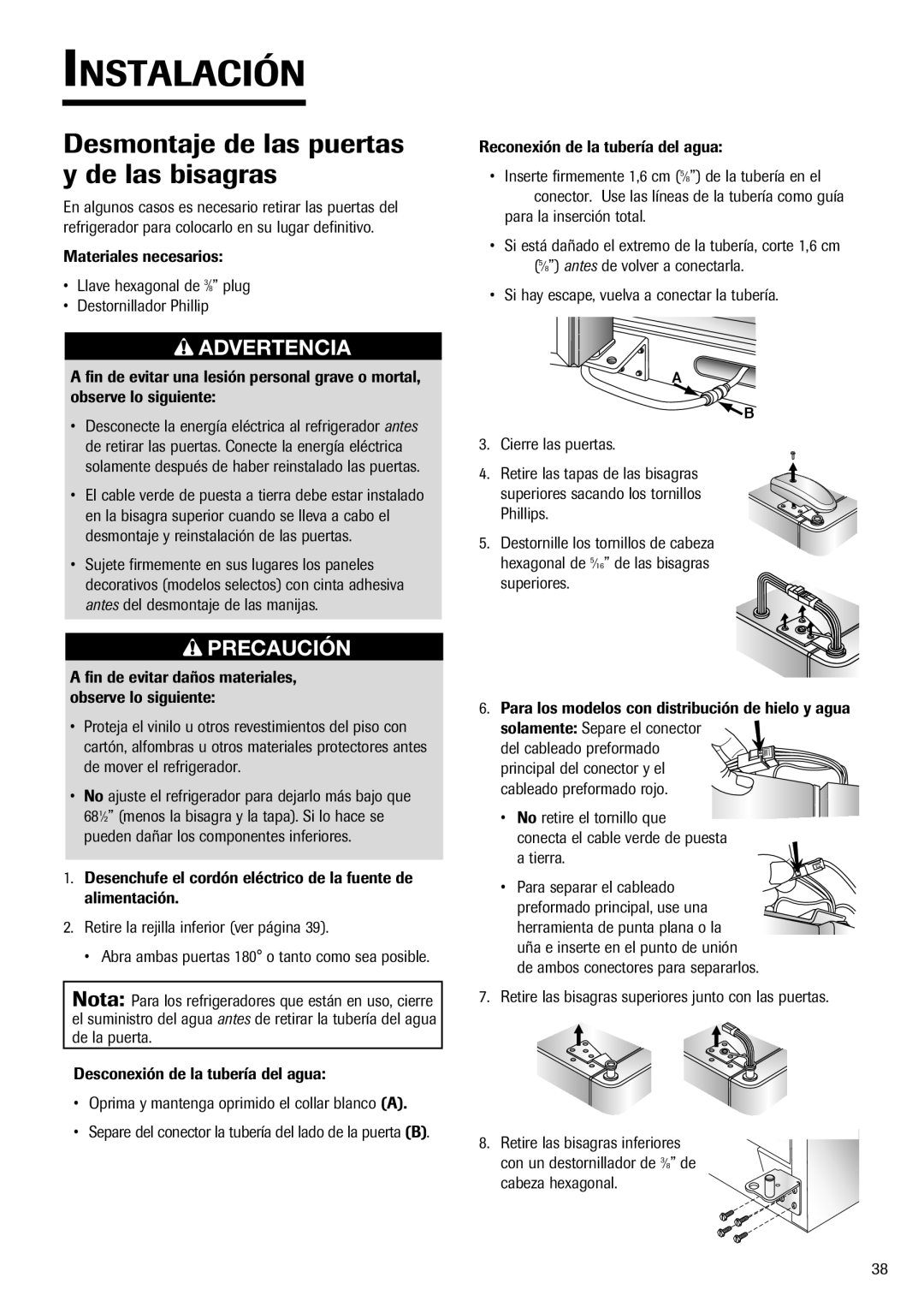 Fisher & Paykel RX256DT7X1 Desmontaje de las puertas y de las bisagras, Reconexión de la tubería del agua 