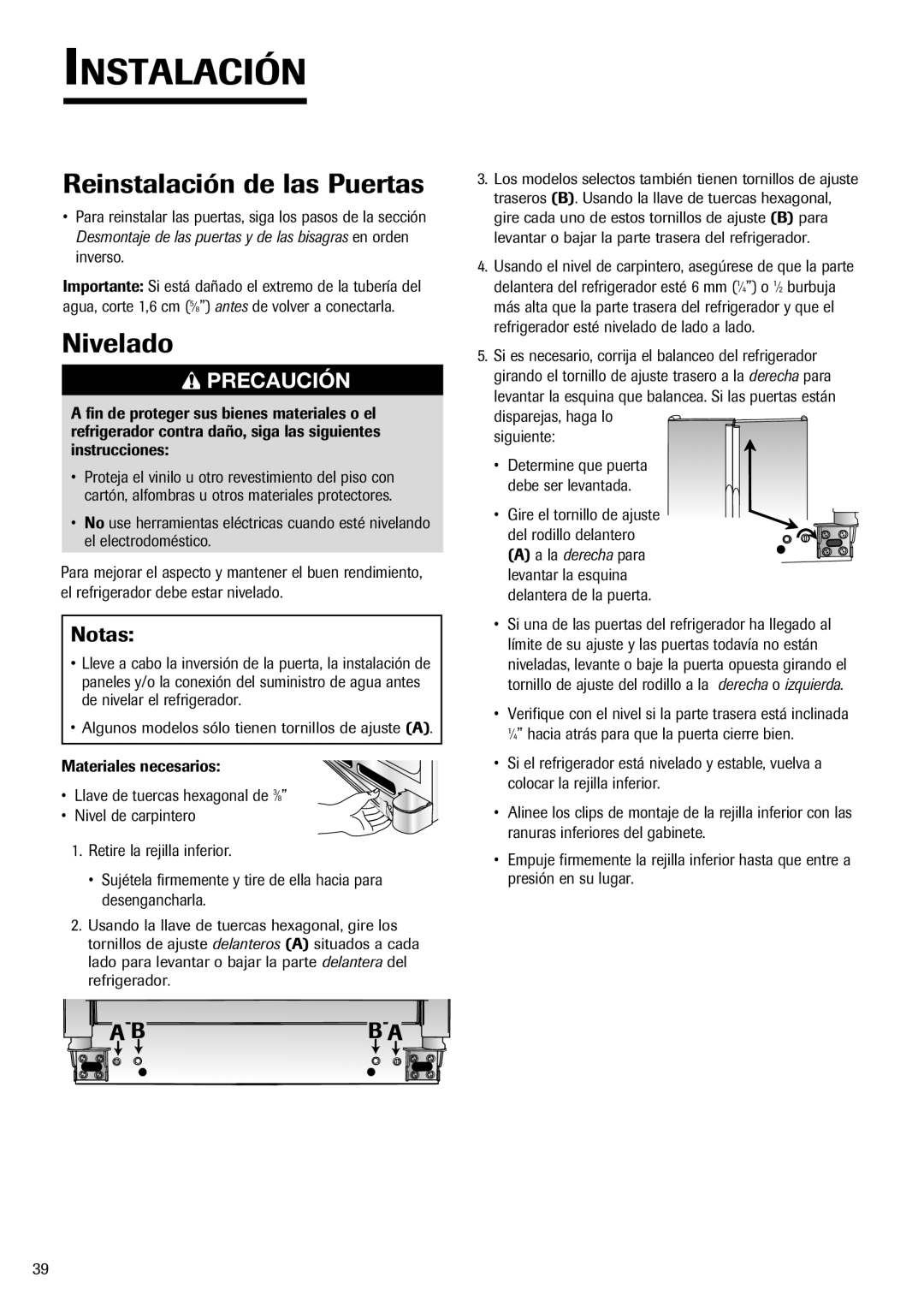 Fisher & Paykel RX256DT7X1 installation instructions Reinstalación de las Puertas, Nivelado, Notas 