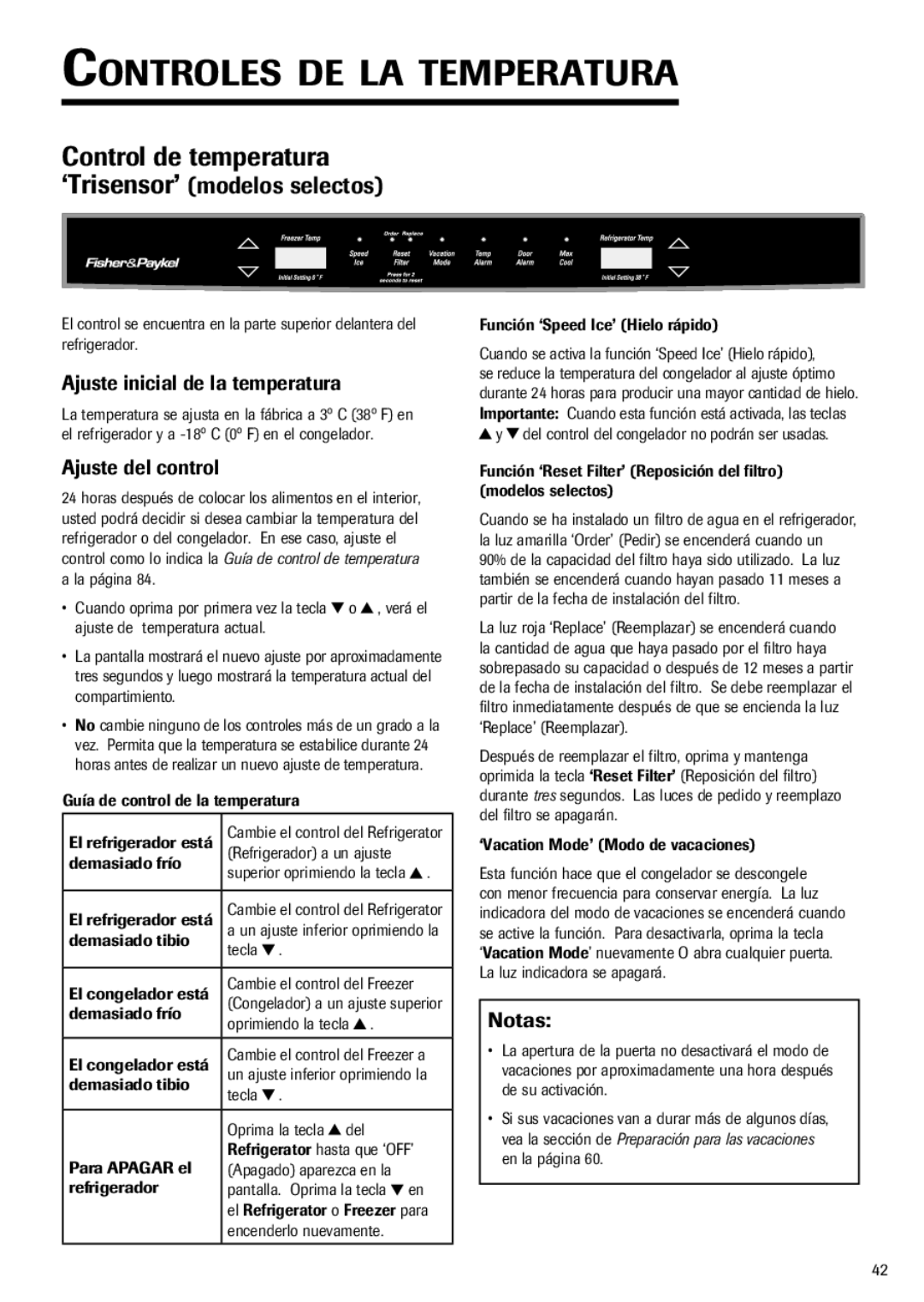 Fisher & Paykel RX256DT7X1 Controles DE LA Temperatura, Ajuste inicial de la temperatura, Ajuste del control 